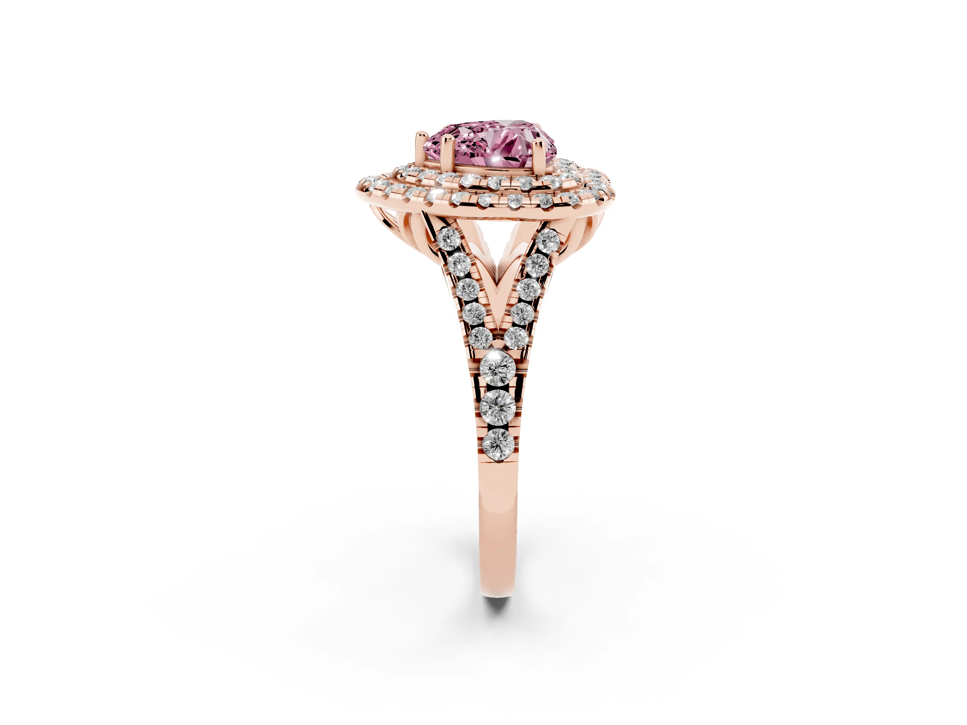 Fancy Pink Heart Cut Diamond Double Halo Ring Set in Rose gold with Pavé Split Shank and Prong Setting
