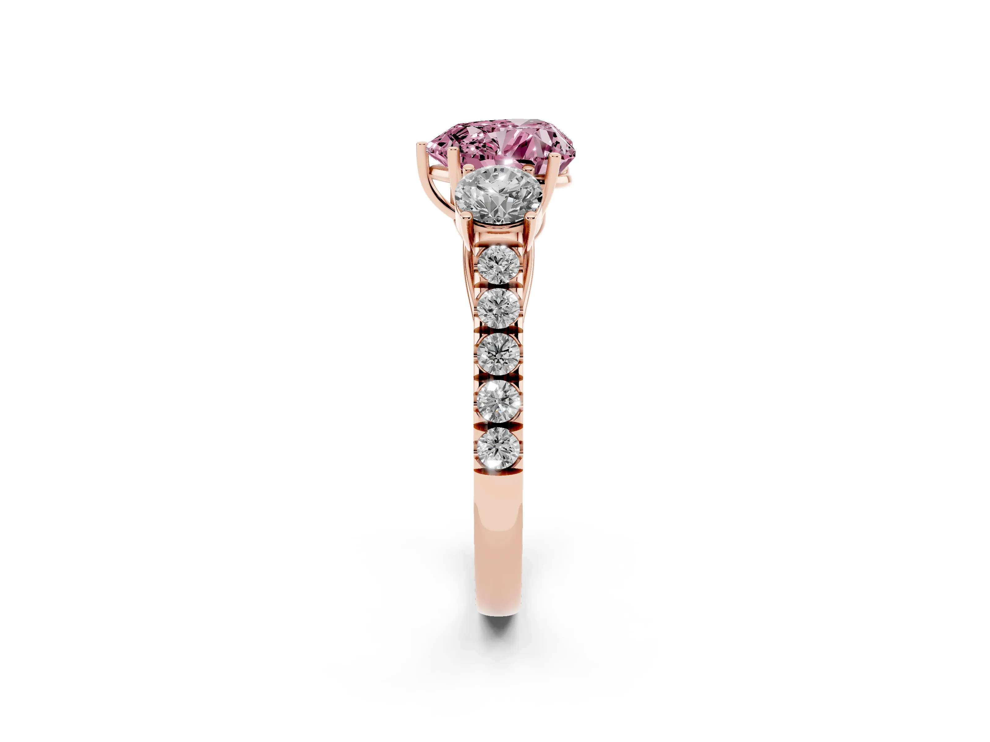 Fancy Pink Heart Cut Diamond Three-Stone Ring Set in Rose gold with Round Side Stones and Delicate Pavé Band