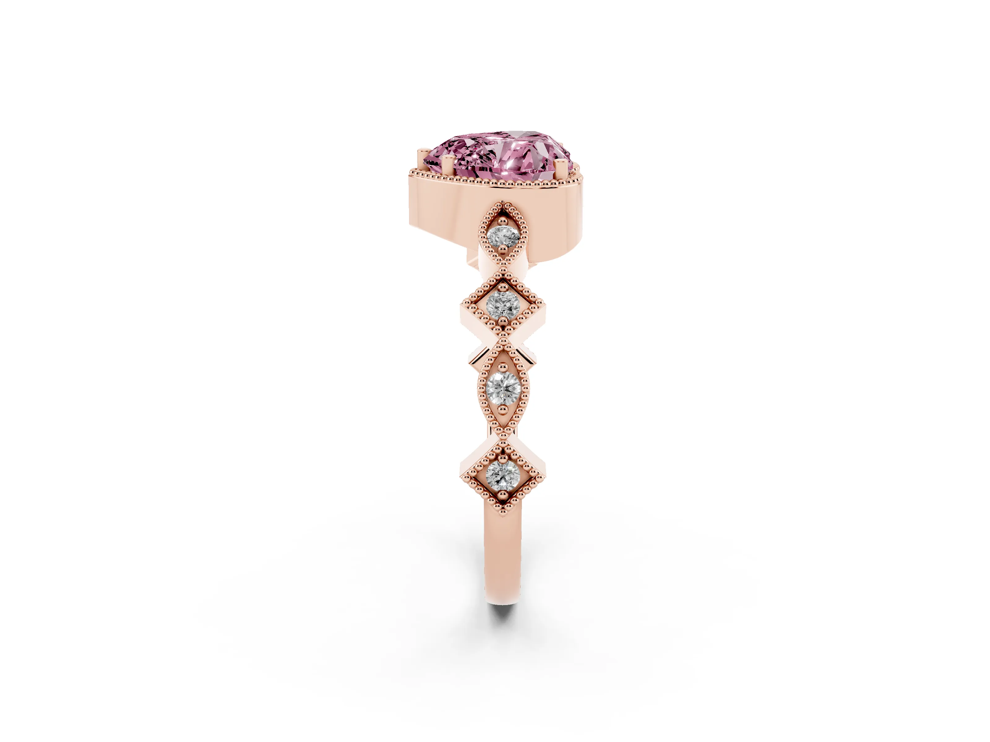 Fancy Pink Heart Cut Diamond Milgrain Marquise Twist Band Ring Set in Rose gold with Prong Setting