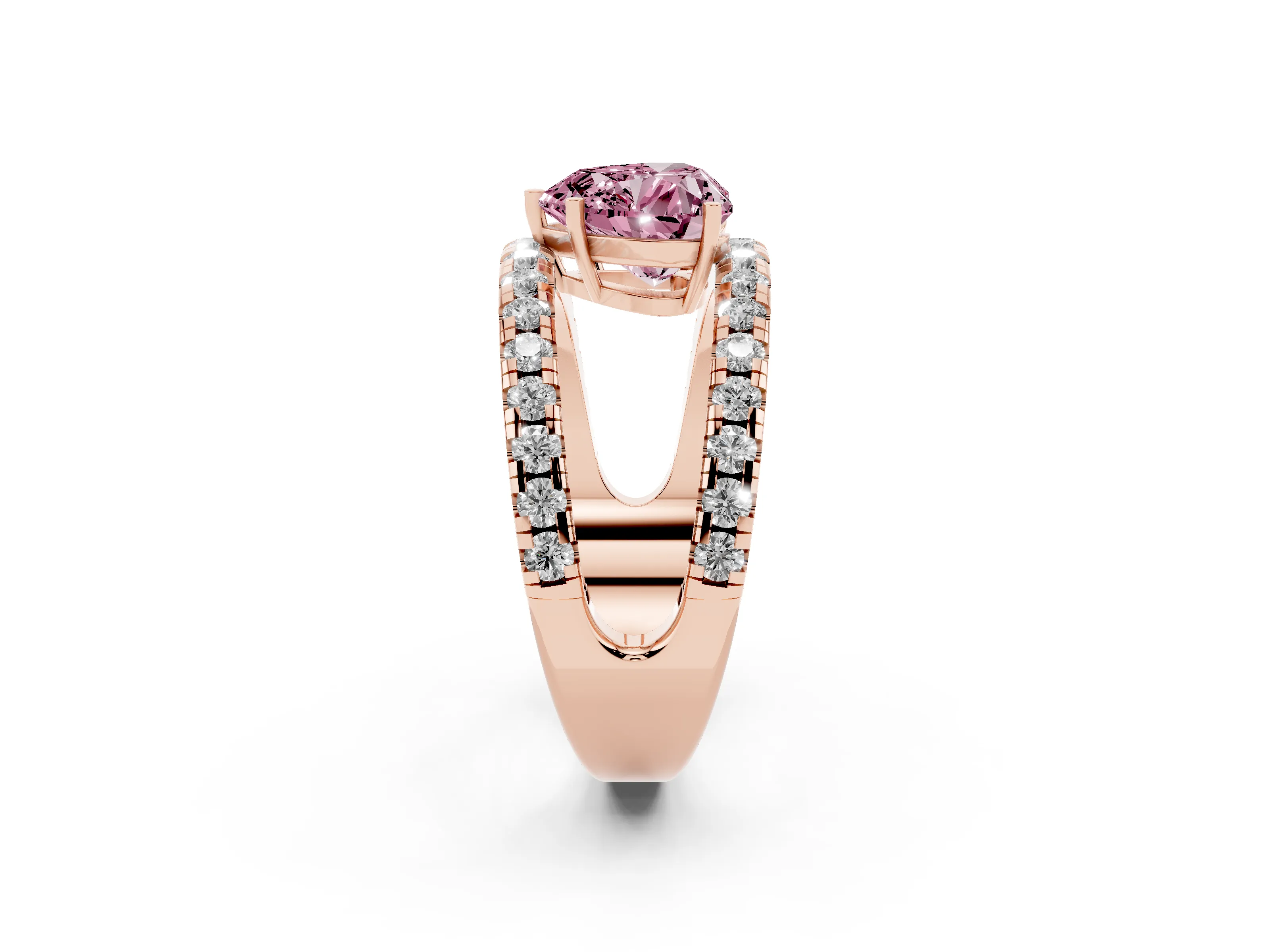Fancy Pink Heart Cut Diamond Split Shank Pavé Solitaire Ring Set in Rose gold with Open Shank Design