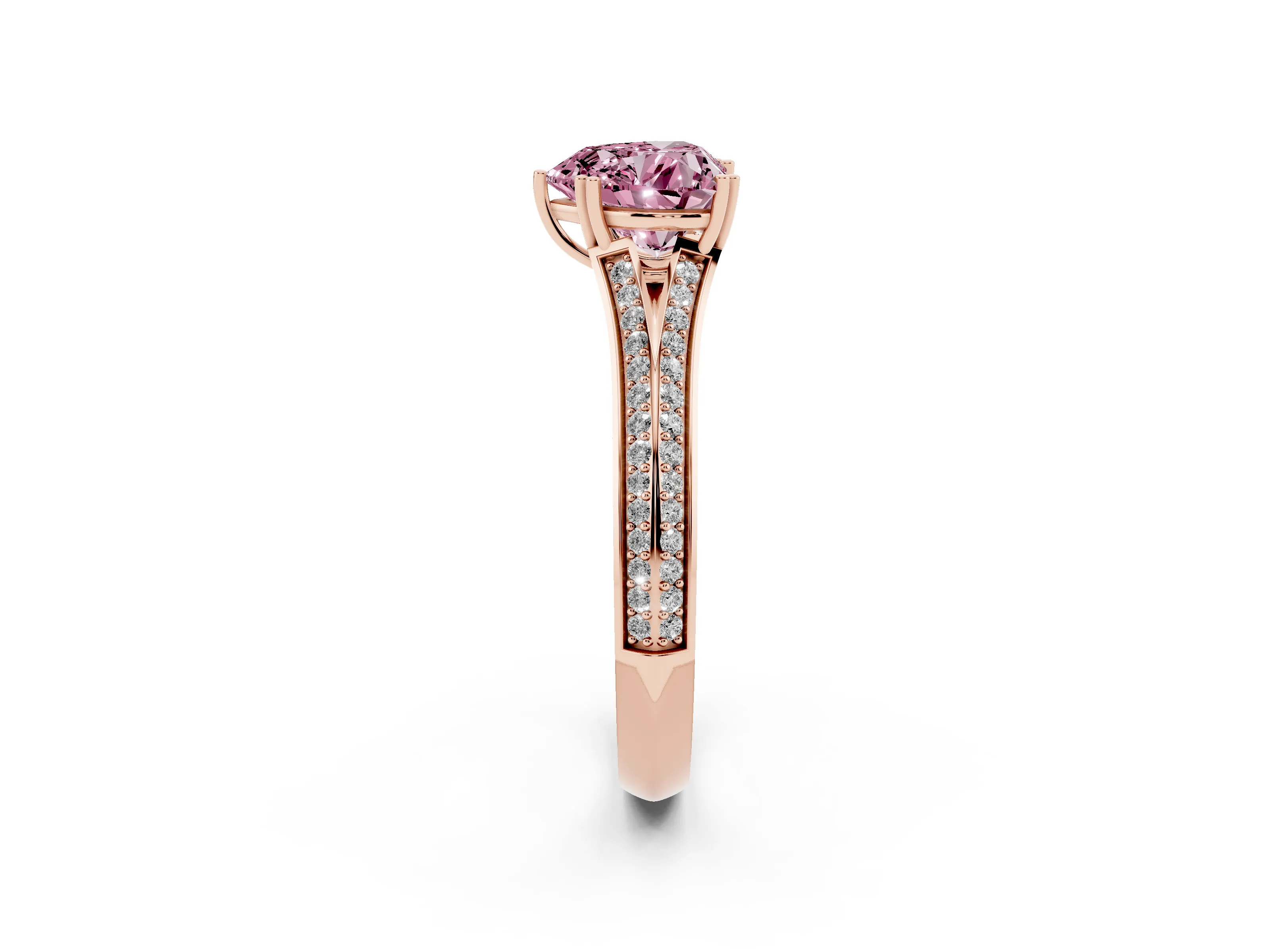 Fancy Pink Heart Cut Diamond Split Shank Pavé Engagement Ring Set in Rose gold with Prong-Set Center Stone