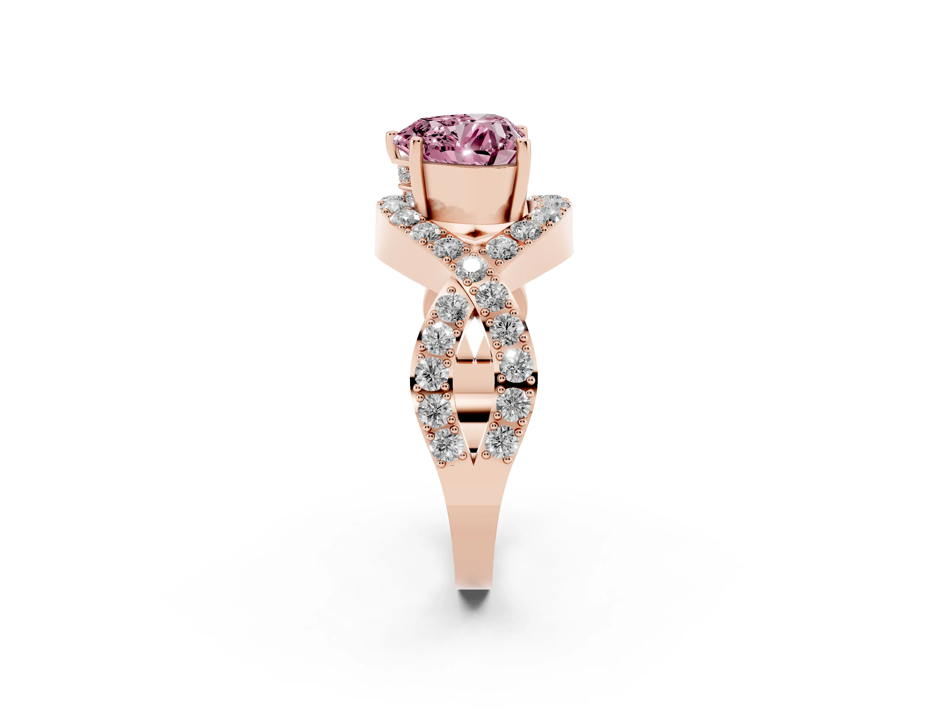 Fancy Pink Heart Cut Diamond Solitaire Twist Band Pavé Engagement Ring Set in Rose gold