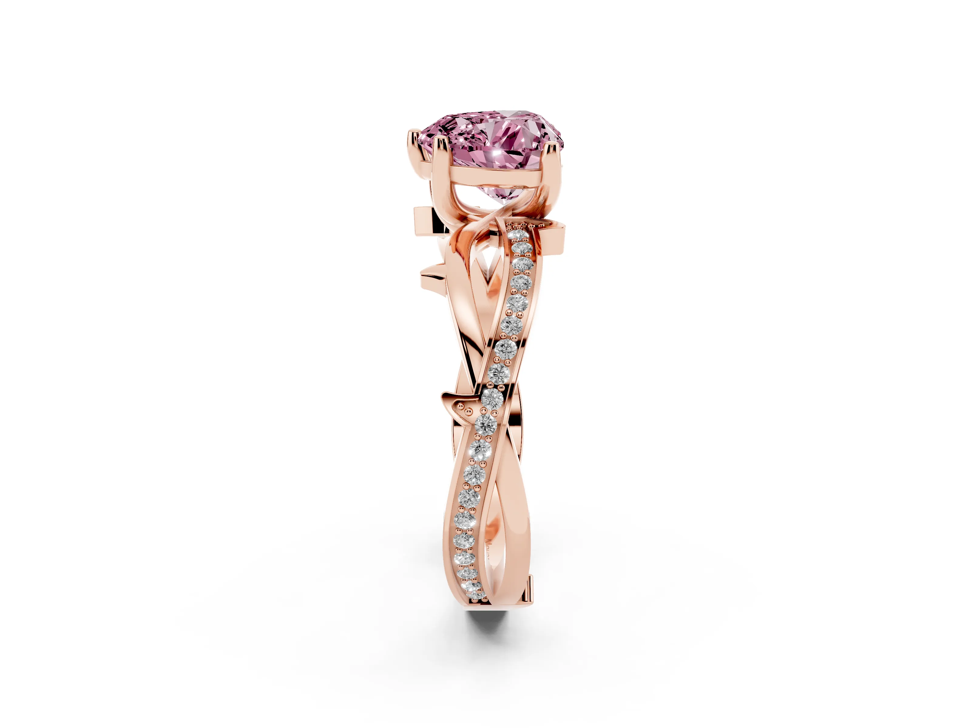 Fancy Pink Heart Cut Diamond Pavé Twist Band Solitaire Ring Set in Rose gold with Prong Setting