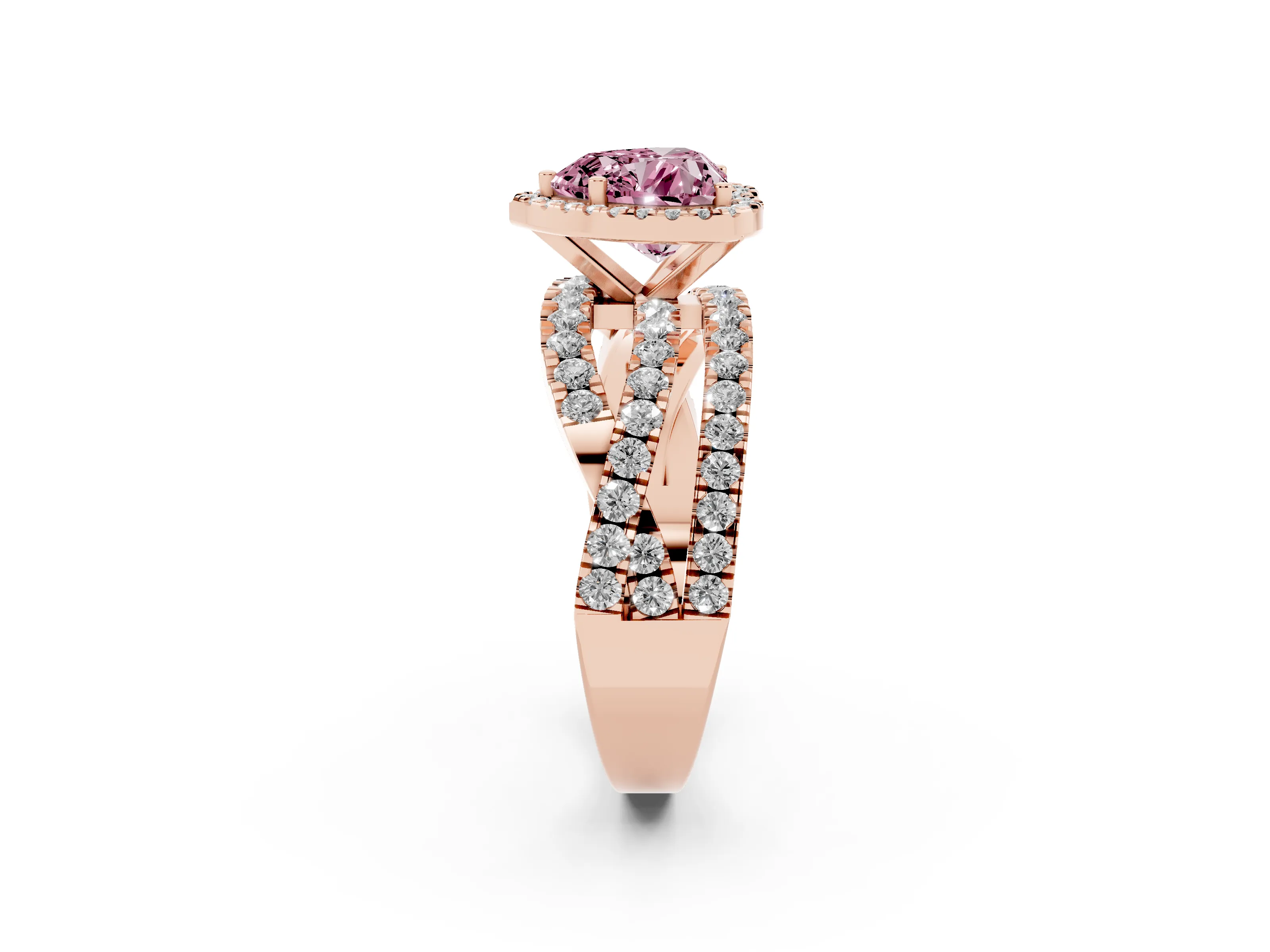 Fancy Pink Heart Cut Diamond Halo Ring Set in Rose gold with Round Crossover Split Shank and Prong Setting