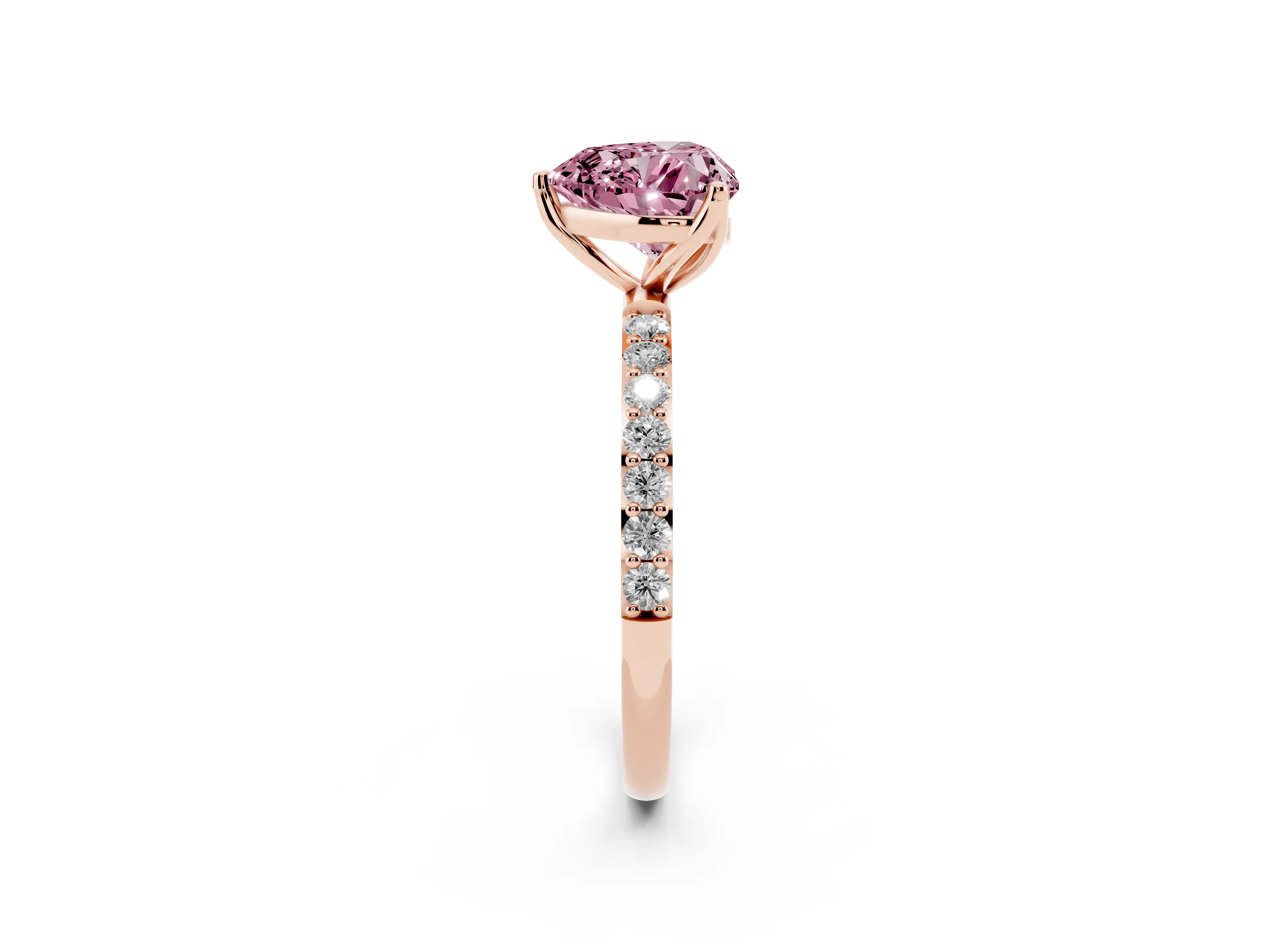 Fancy Pink Heart Cut Diamond Solitaire Engagement Ring Set in Rose gold with Round Pavé Band and Prong Setting
