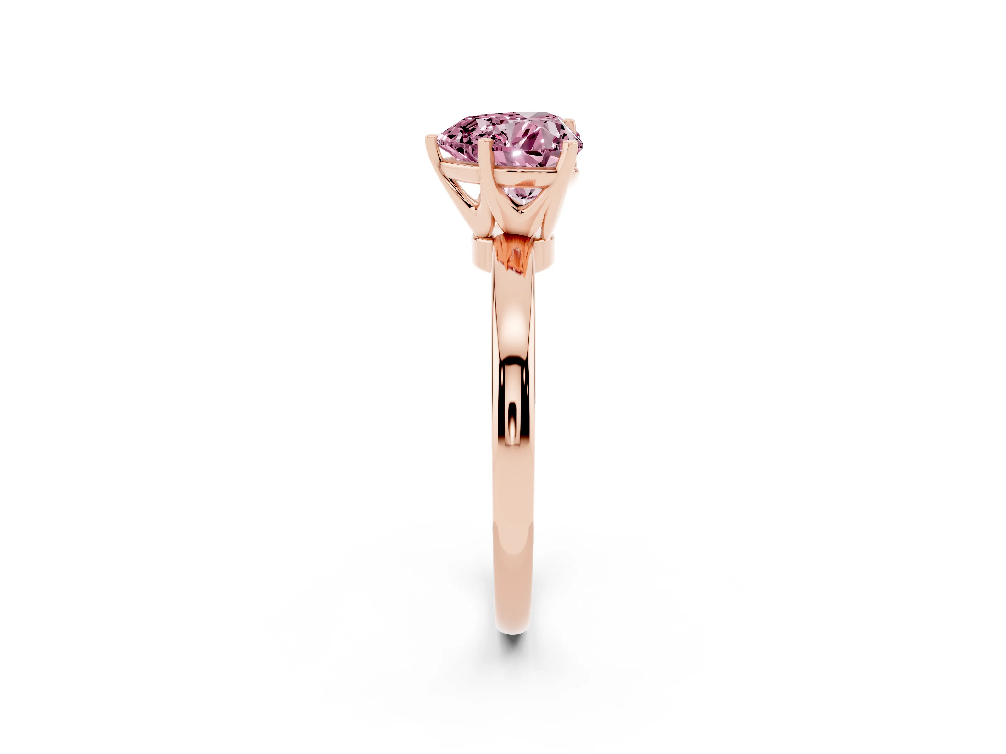 Fancy Pink Heart Cut Diamond Solitaire Ring Set in Rose gold with Raised Prong Setting on a Classic Band