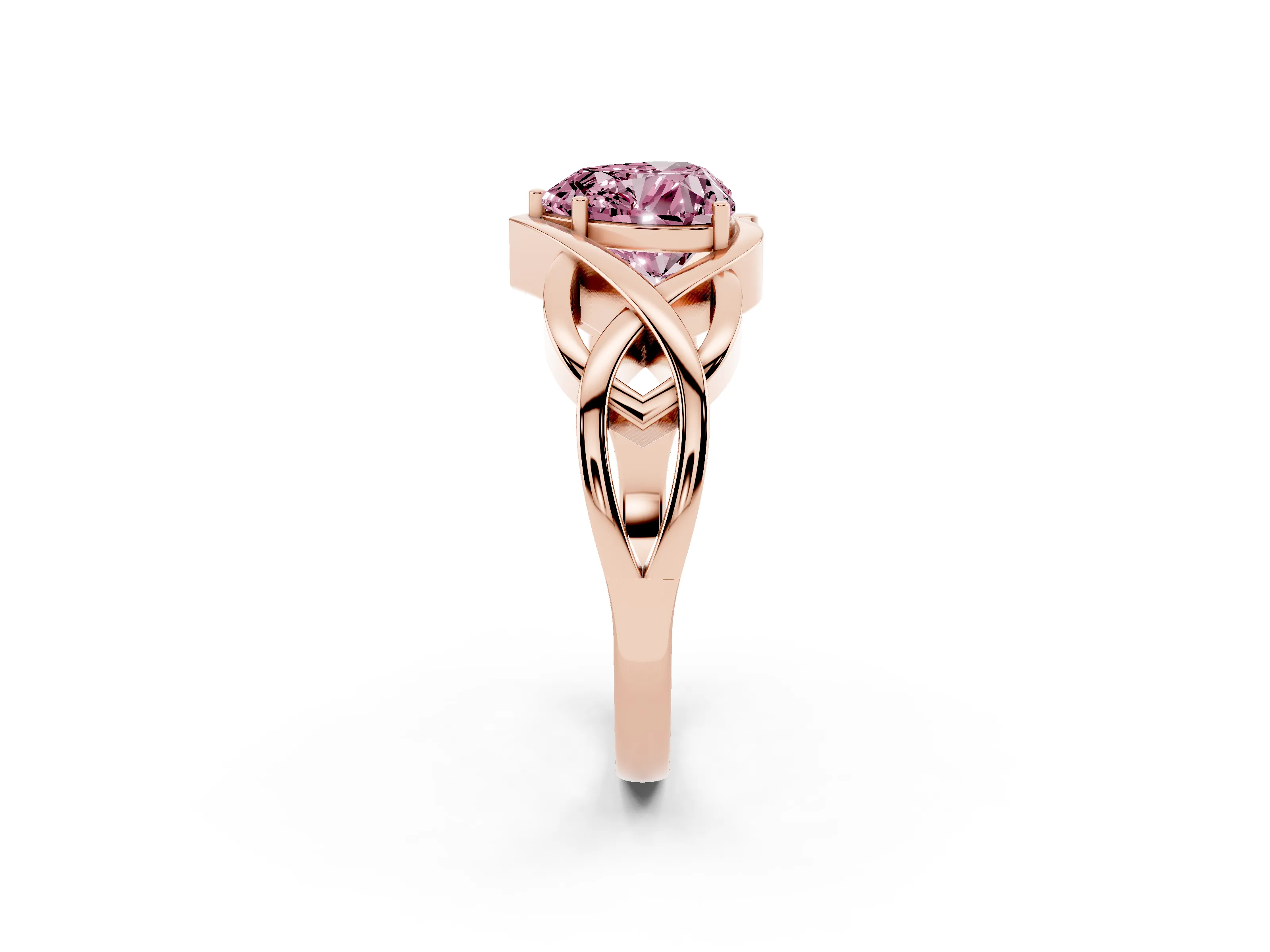 Fancy Pink Heart Cut Diamond Solitaire Ring Set in Rose gold with Intertwined Band