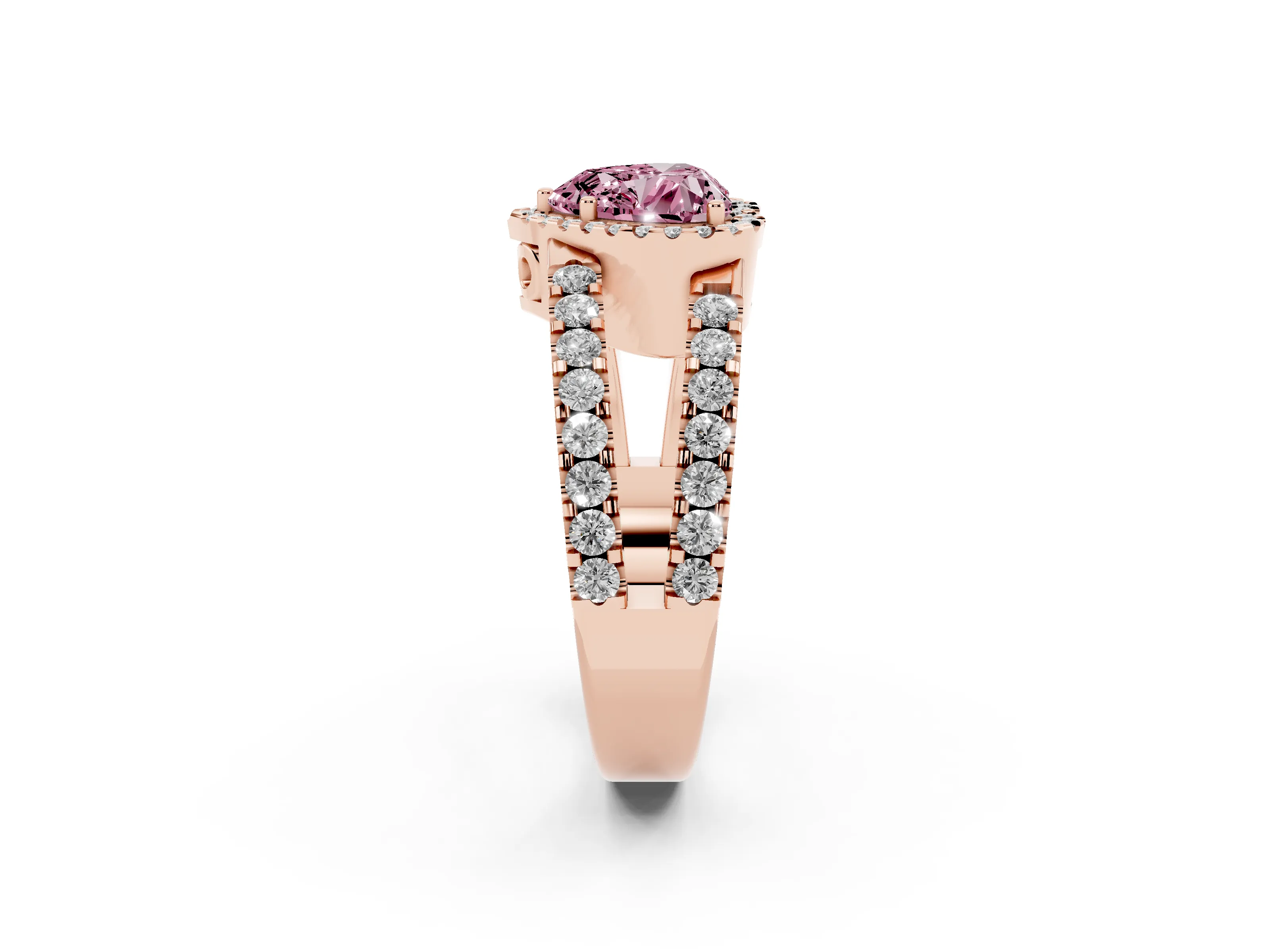 Fancy Pink Heart Cut Diamond Halo Ring Set in Rose gold with Pavé Split Shank and Prong Setting