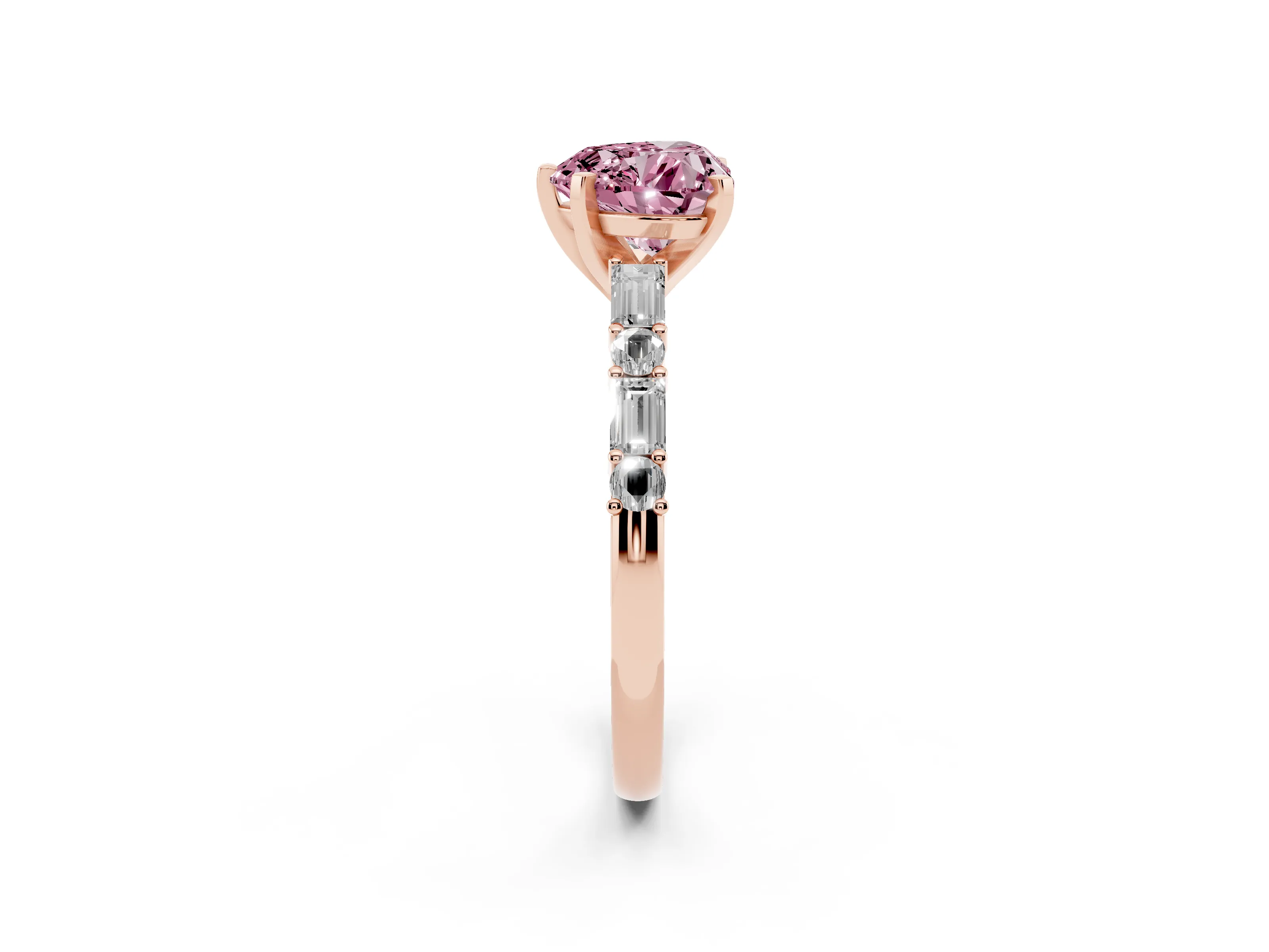 Fancy Pink Heart Cut Diamond Solitaire Set in Rose gold with Side Baguettes and Channel Set Band
