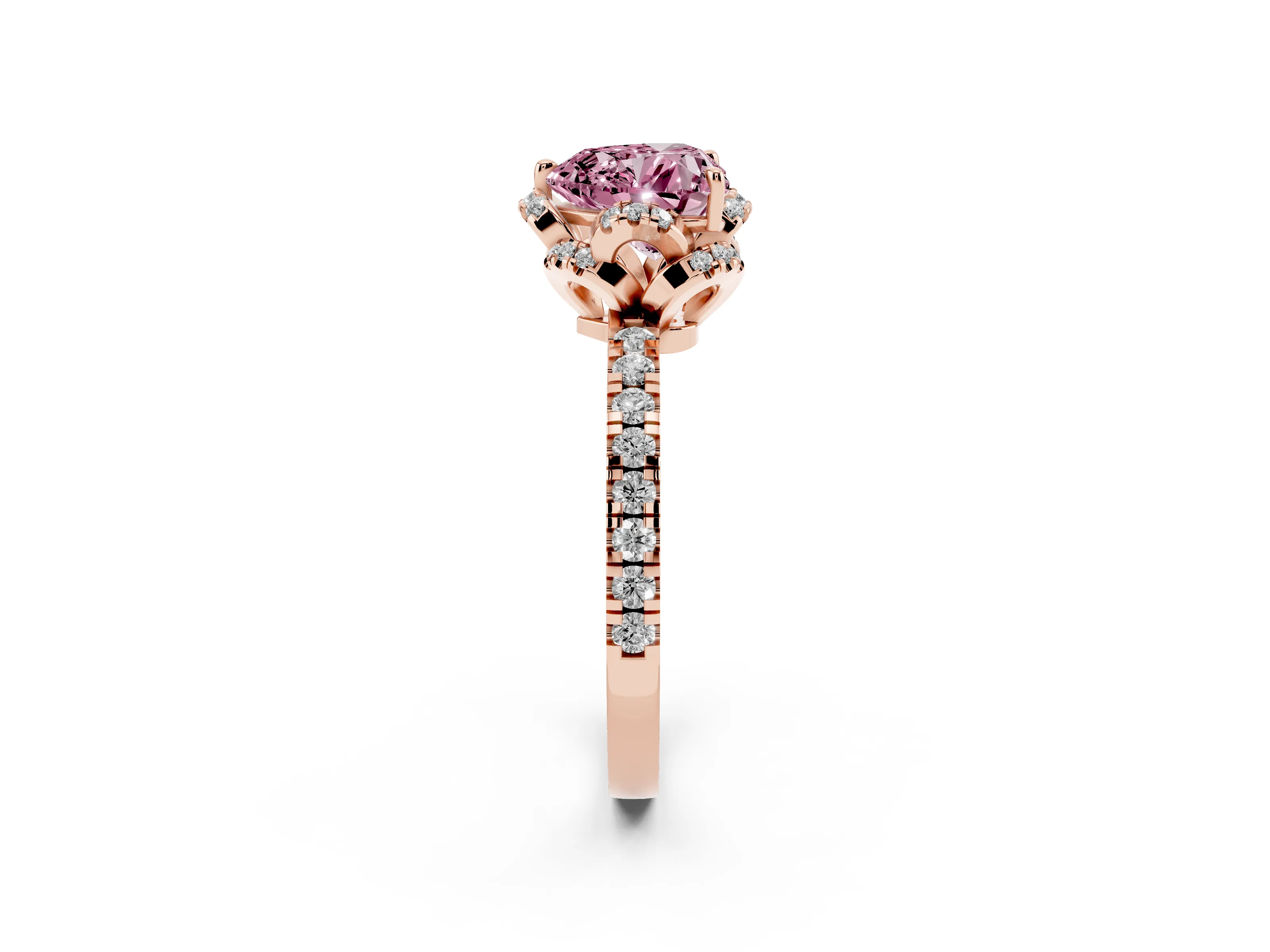 Fancy Pink Heart Cut Diamond Halo Pavé Band Ring Set in Rose gold with Prong-Held Center