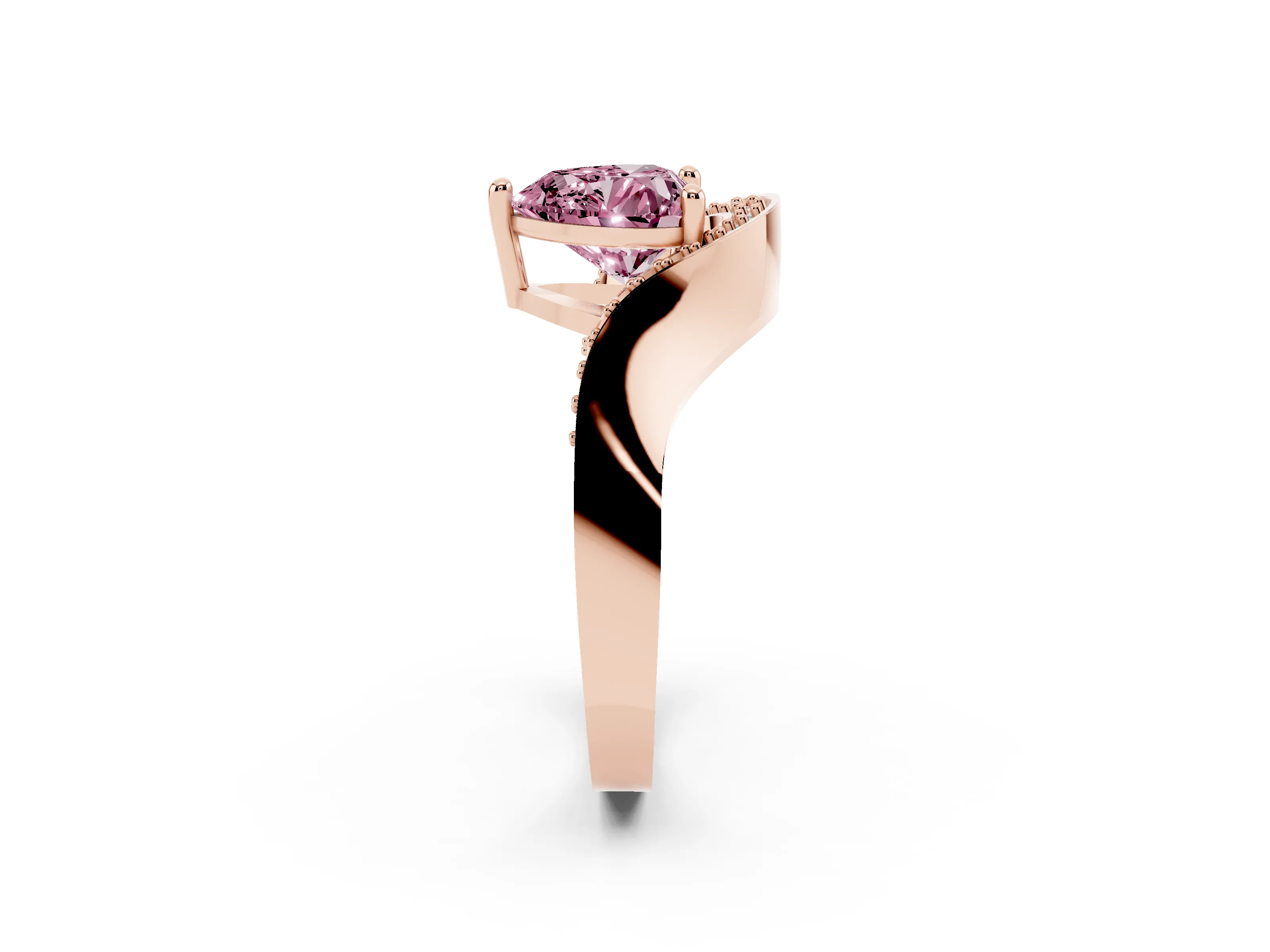 Fancy Pink Heart Cut Diamond Solitaire Engagement Ring Set in Rose gold with Pavé Shoulders