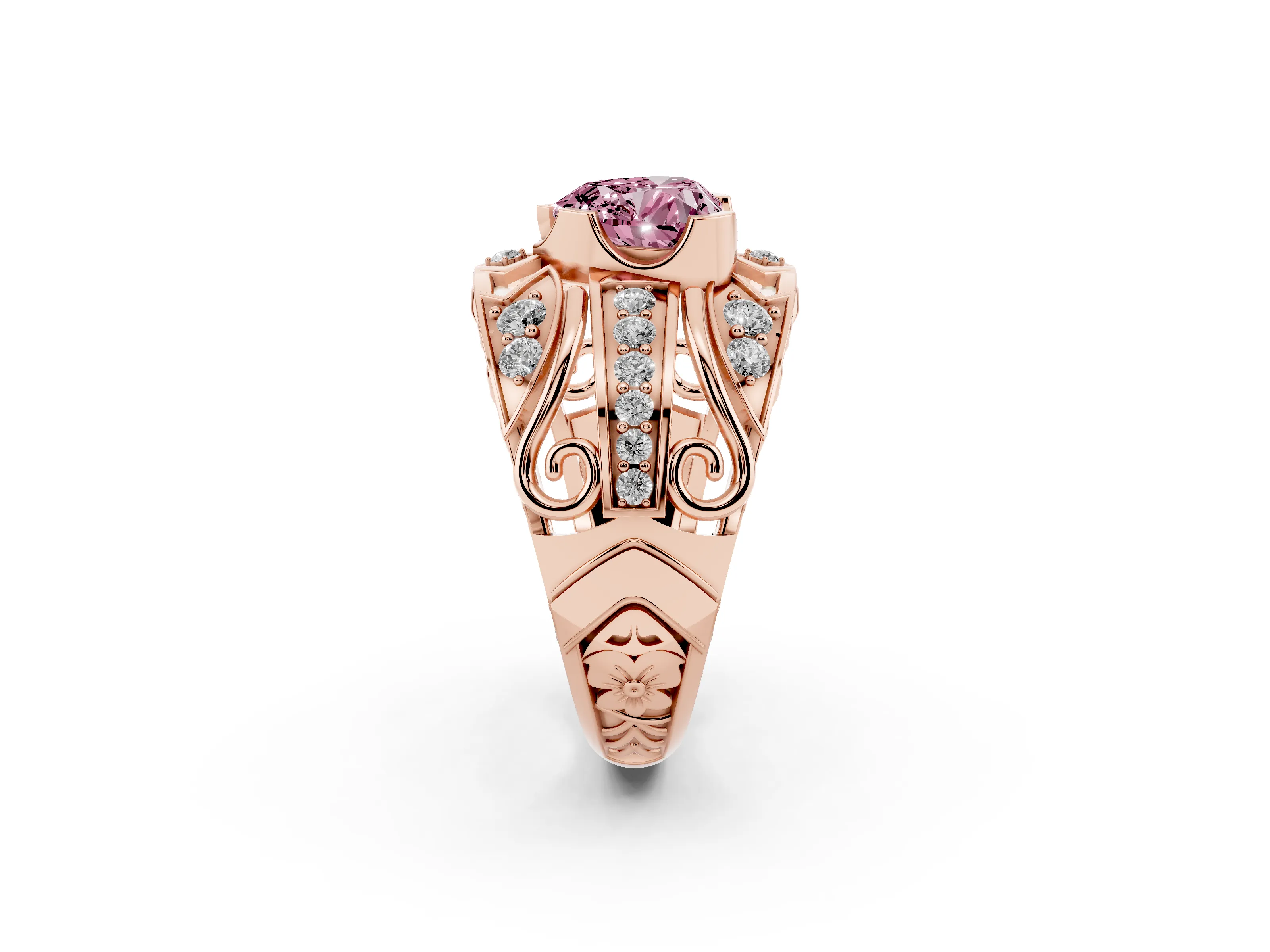 Fancy Pink Heart Cut Diamond Art Deco Ring Set in Rose gold with Pavé Split Shank