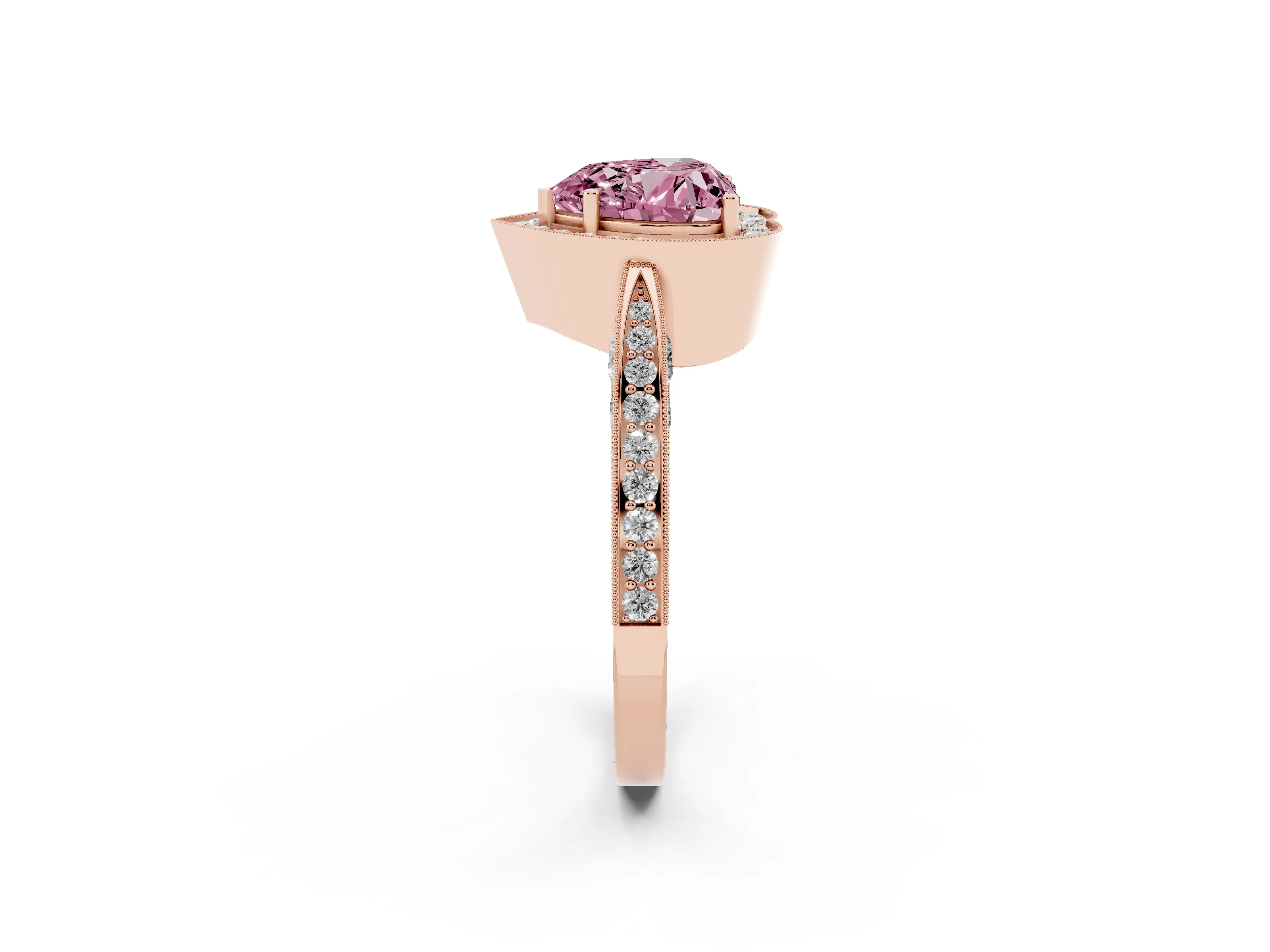 Fancy Pink Heart Cut Diamond Halo Engagement Ring Set in Rose gold with Accent Split Shank Band
