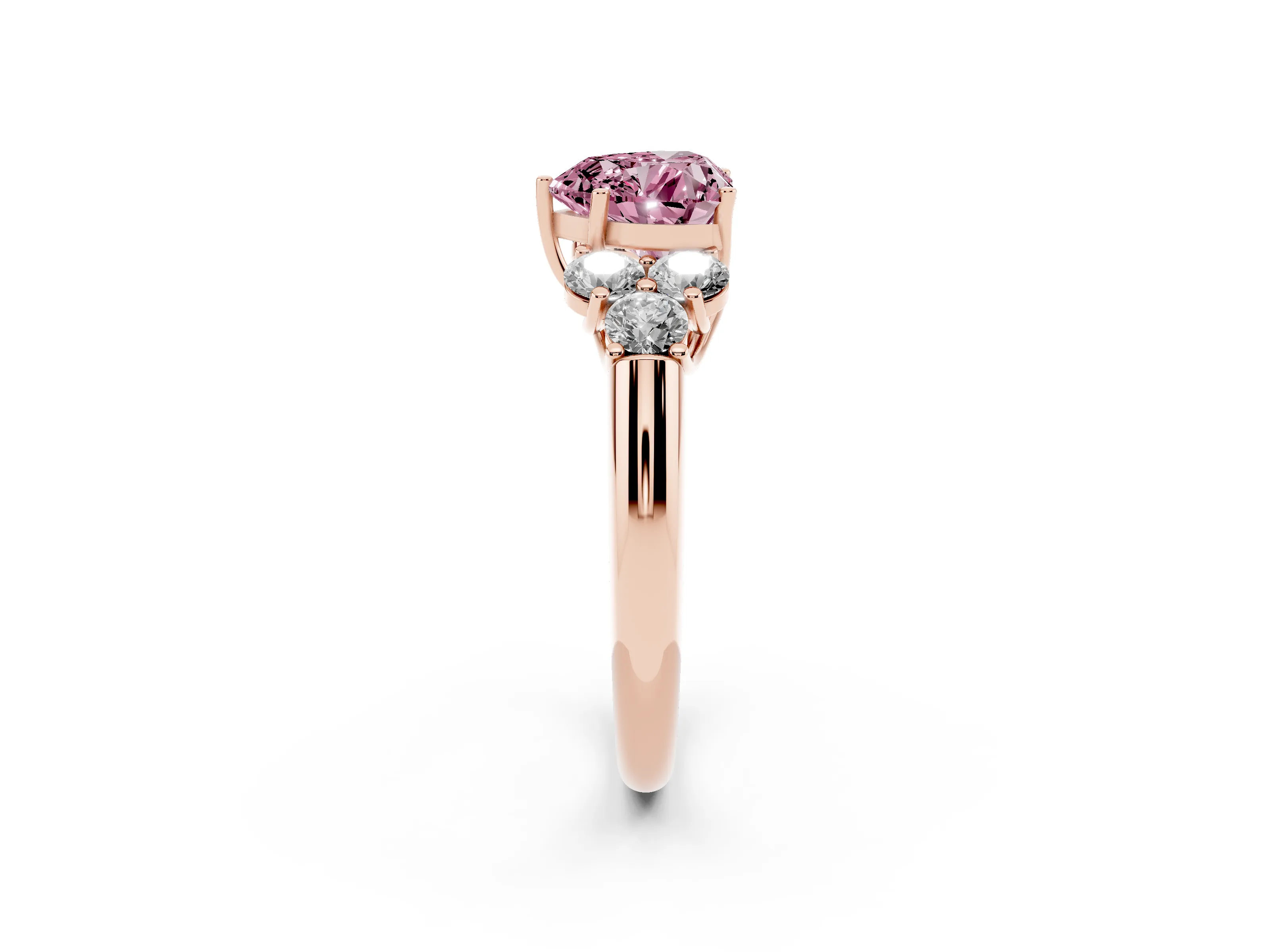 Fancy Pink Heart Cut Diamond Cluster Ring Set in Rose gold with Round Accent Stones and Prong Setting on a Plain Band