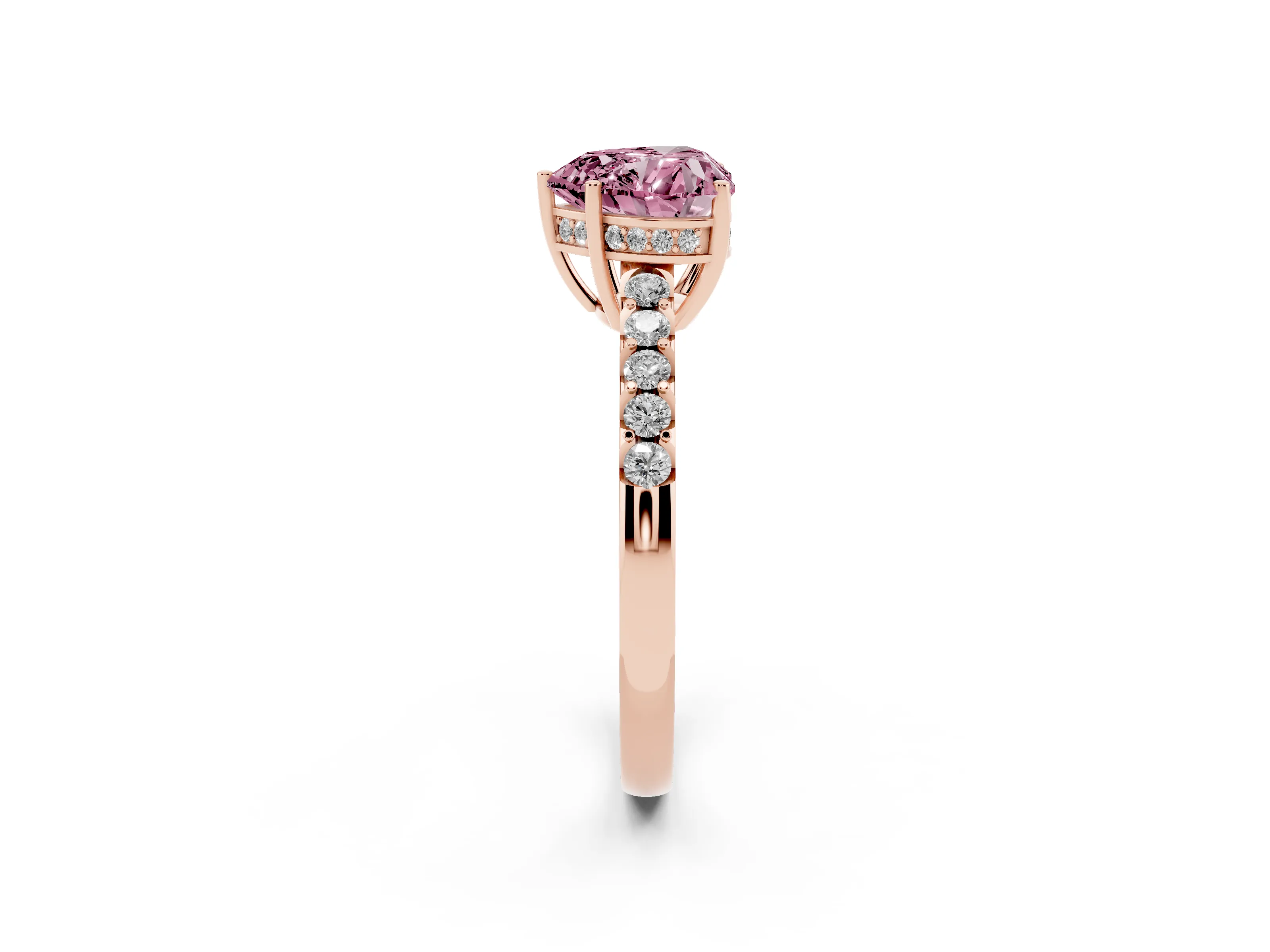 Fancy Pink Heart Cut Diamond Solitaire Engagement Ring Set in Rose gold with Pavé Band and Prong Setting