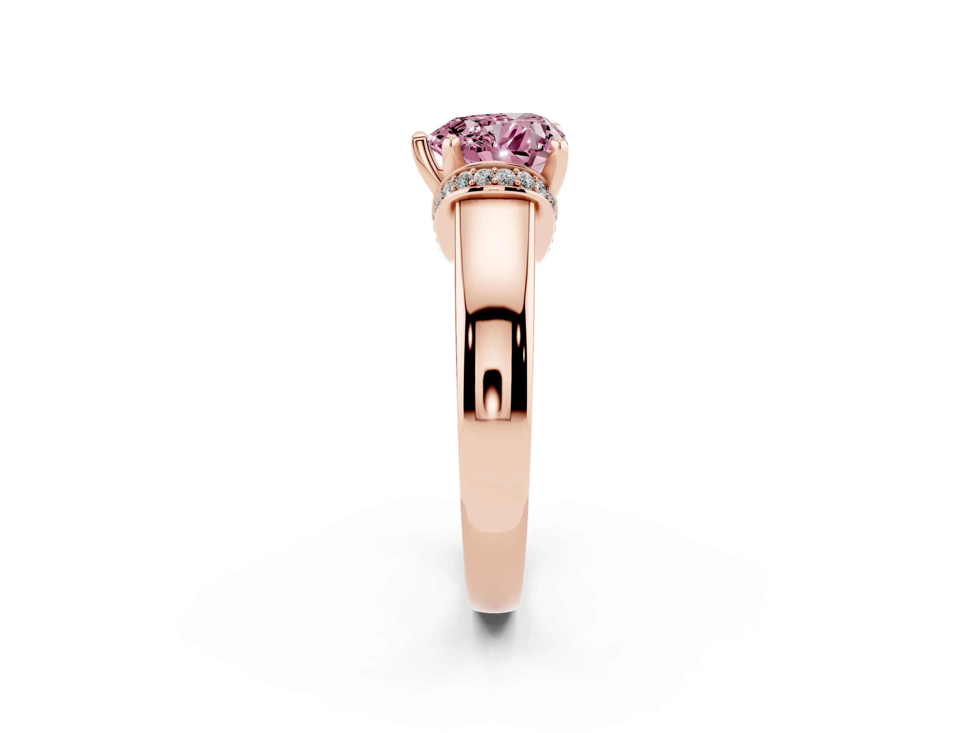 Fancy Pink Heart Cut Diamond Pavé Band Solitaire Ring Set in Rose gold with Prong Setting