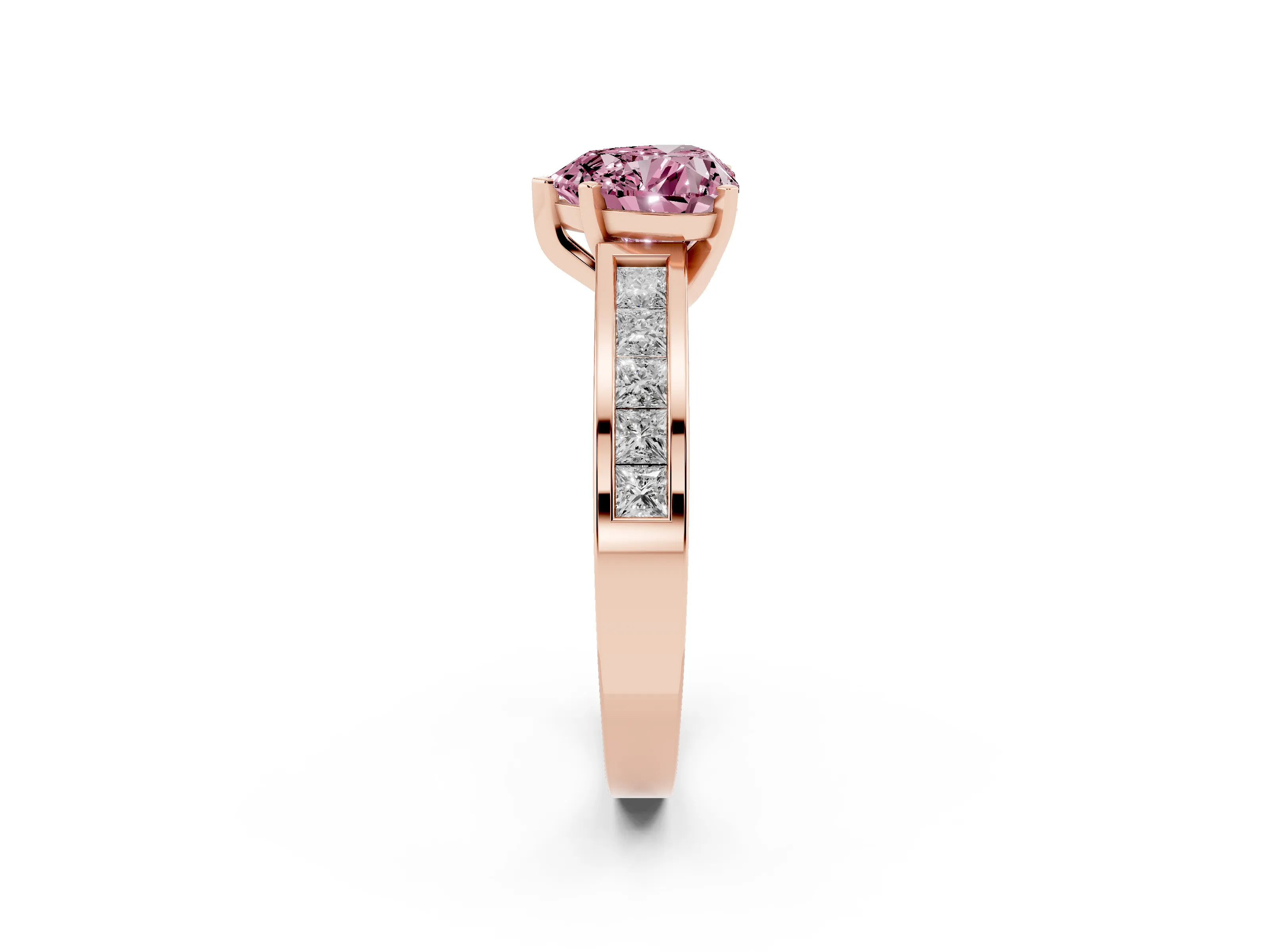 Fancy Pink Heart Cut Diamond Solitaire Ring Set in Rose gold with Channel-Set Band and Prong Setting