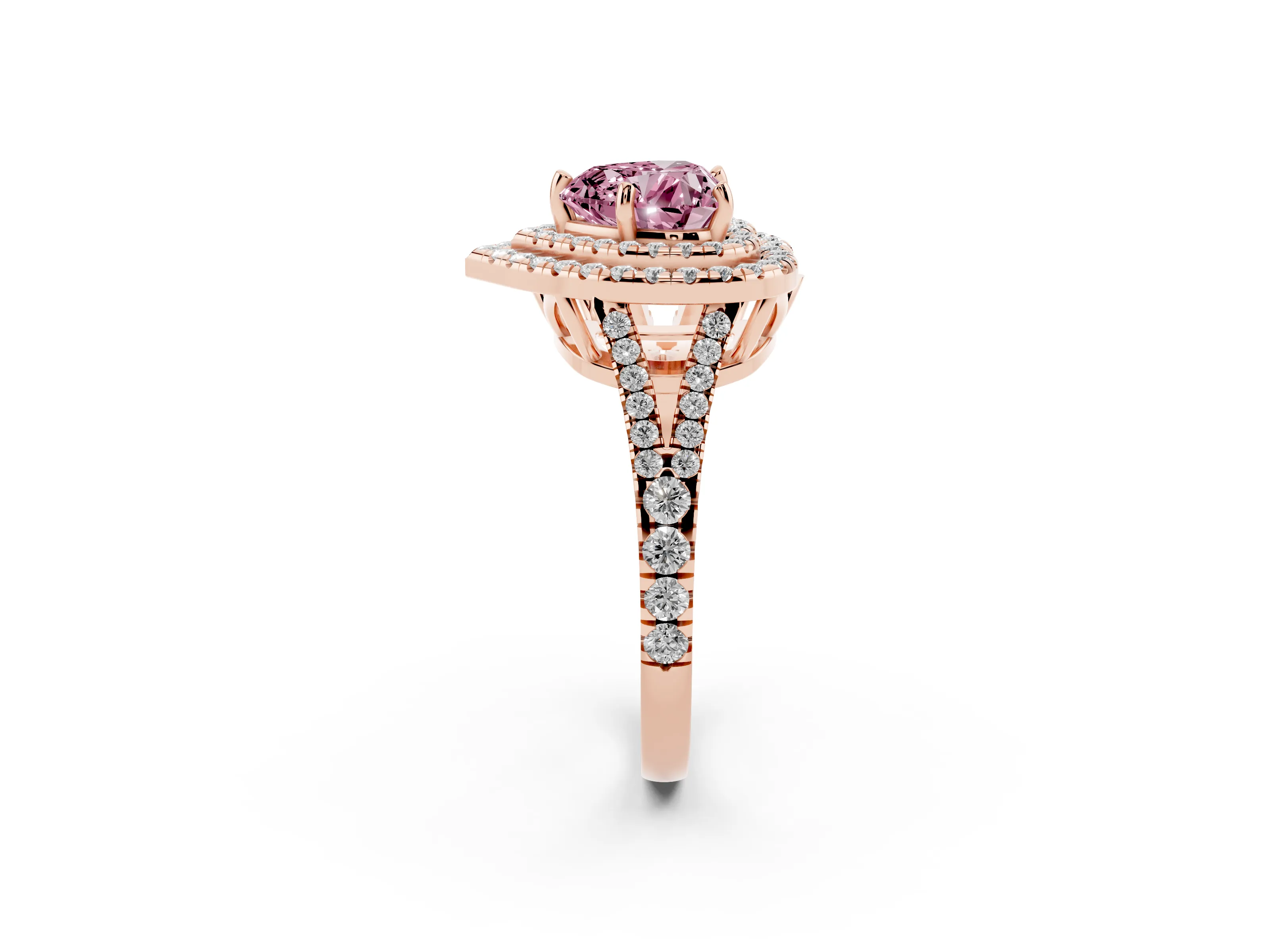 Fancy Pink Heart Cut Diamond Double Halo Ring Set in Rose gold with Pavé Band