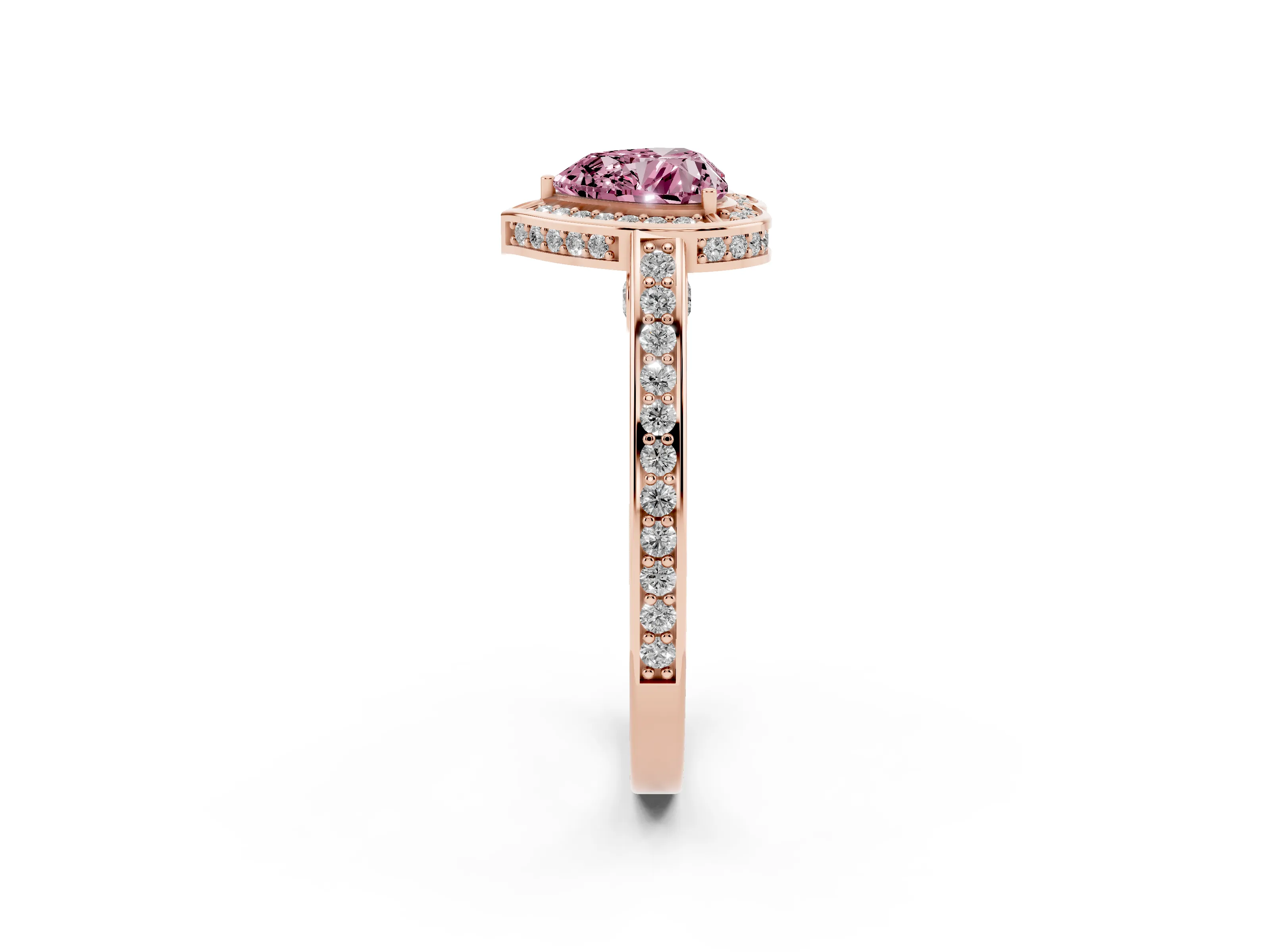 Fancy Pink Heart Cut Diamond Halo Pavé Split Shank Ring Set in Rose gold with Prong Setting