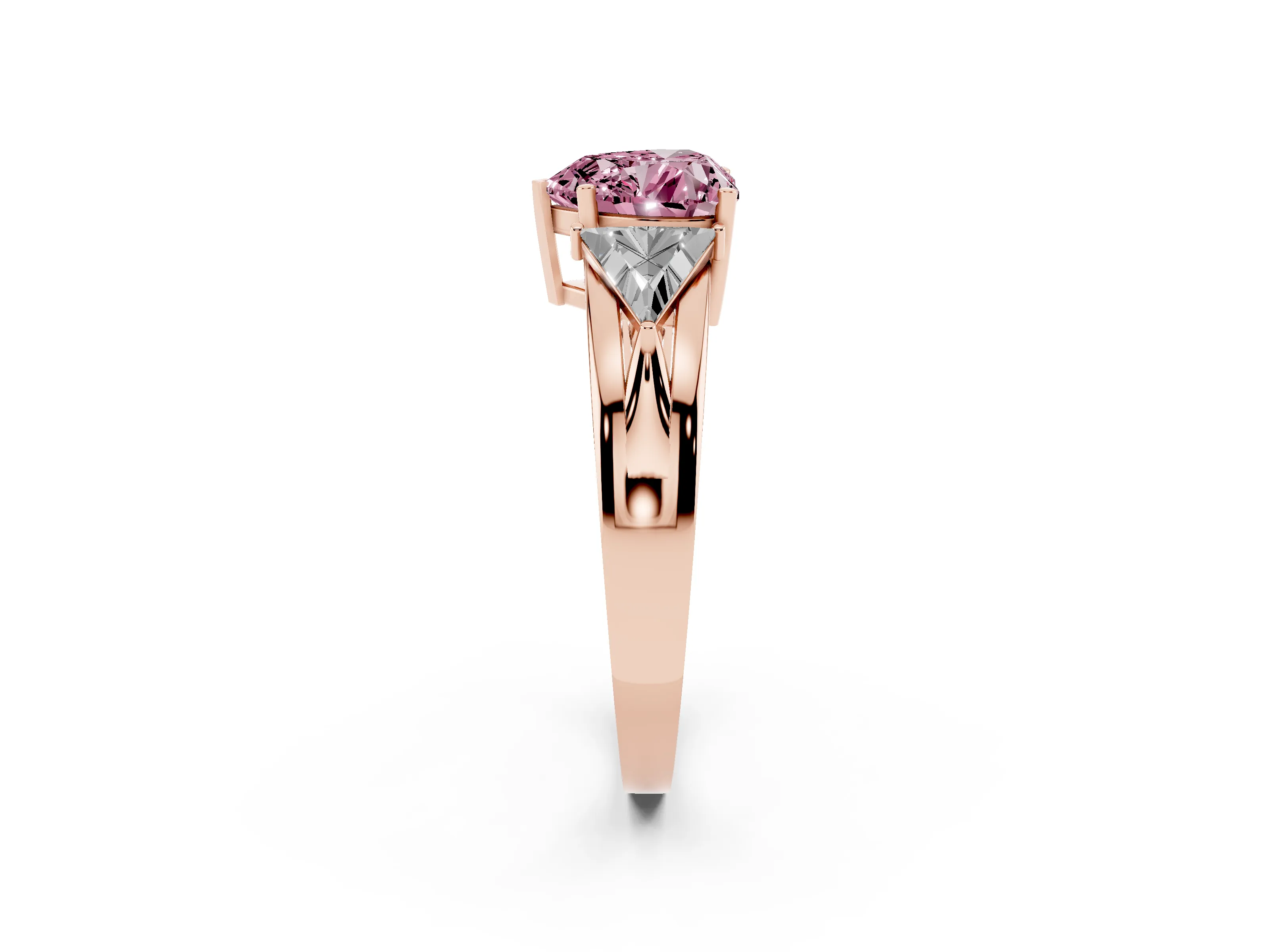 Fancy Pink Heart Cut Diamond Three-Stone Ring Set in Rose gold with Trillion Side Stones and Split Shank
