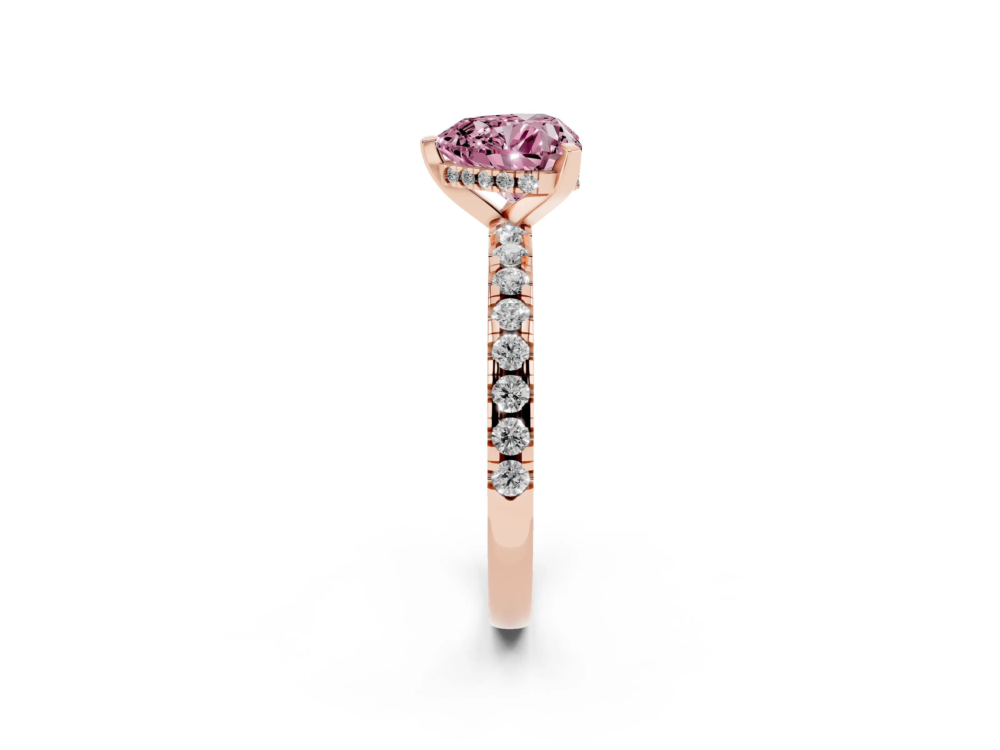 Fancy Pink Heart Cut Diamond Pavé Solitaire Ring Set in Rose gold with Round Band Accents and Prong Setting