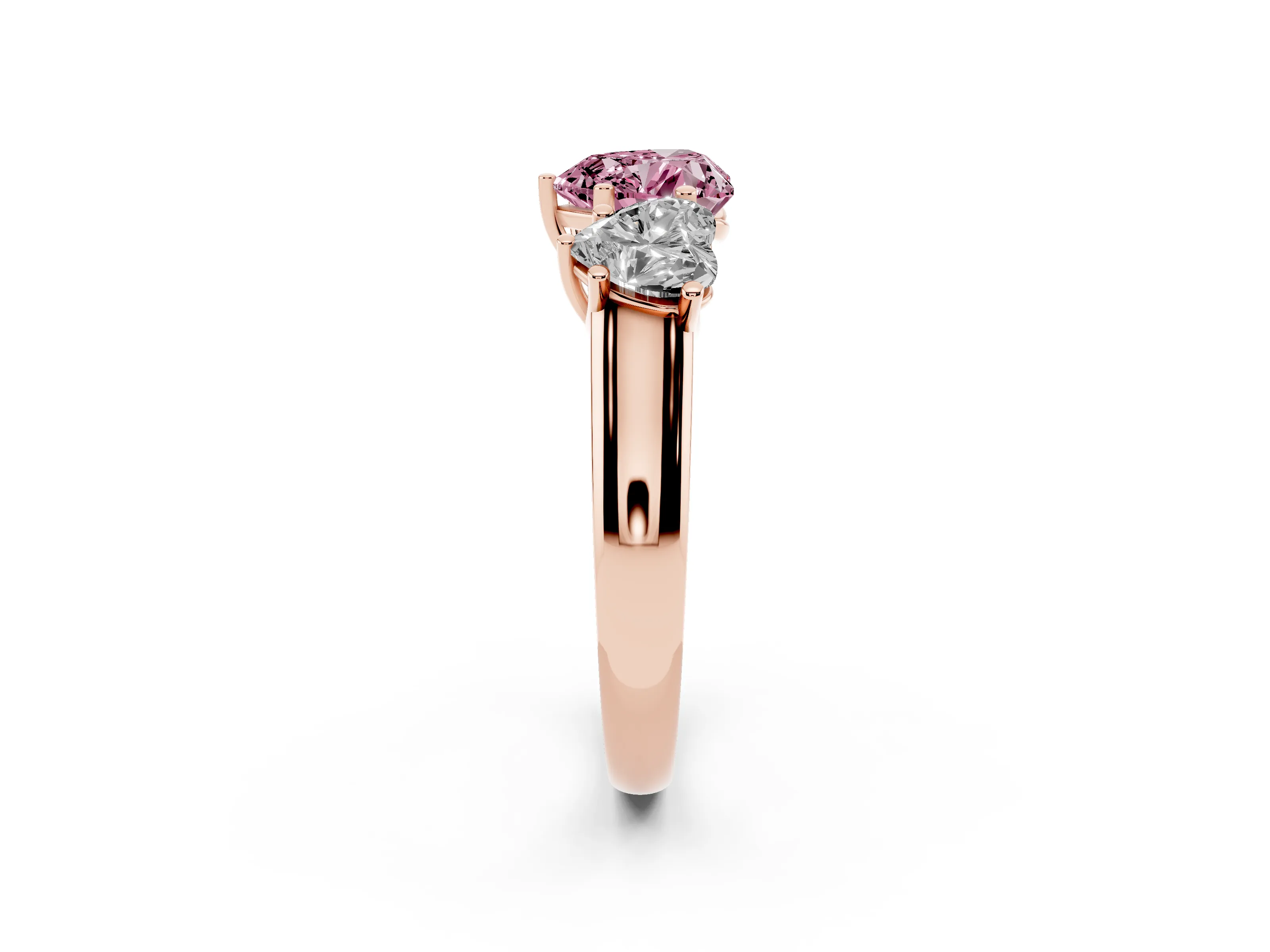 Fancy Pink Heart Cut Diamond Three-Stone Ring Set in Rose gold with Plain Polished Band