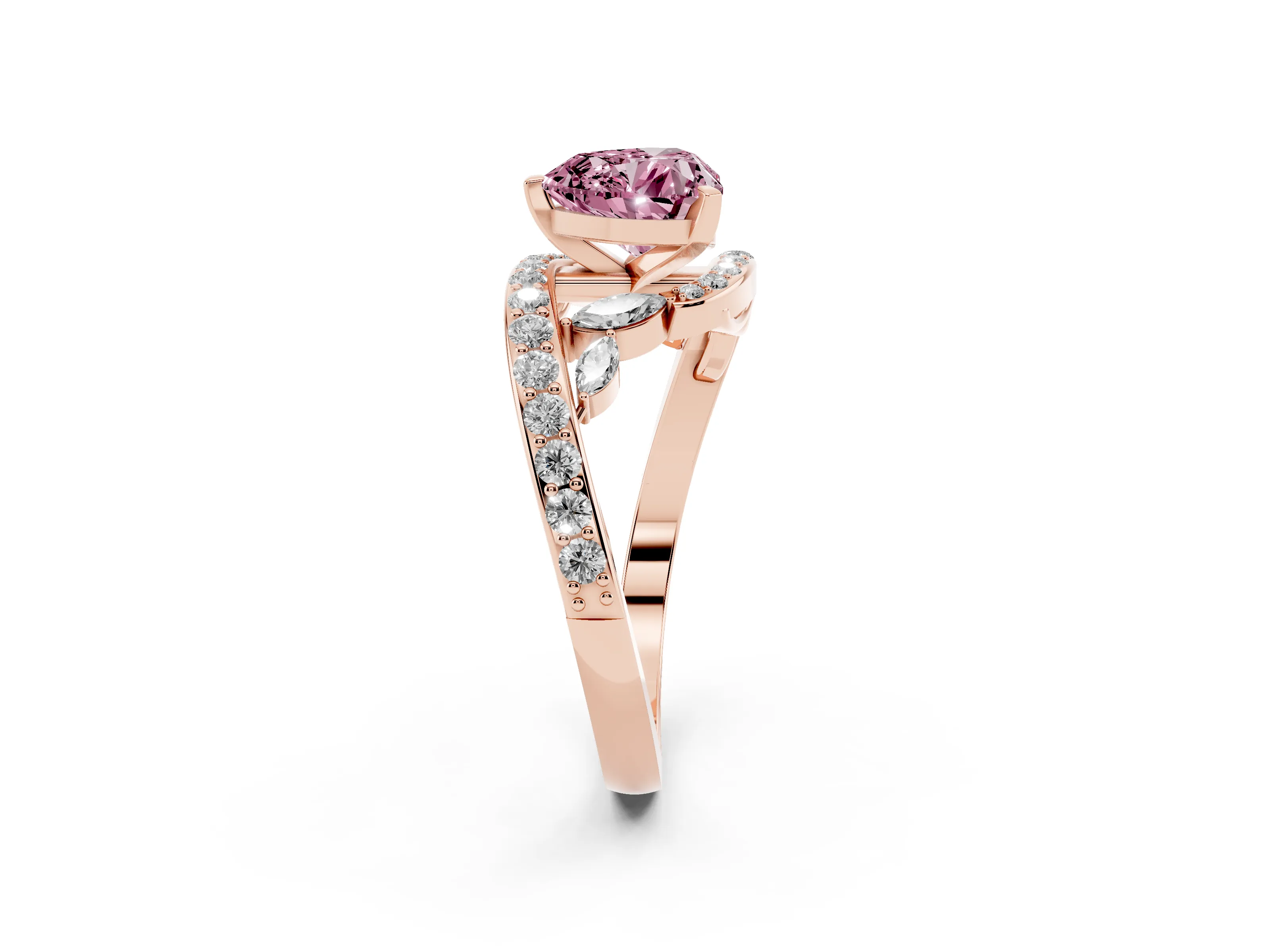 Fancy Pink Heart Cut Diamond Solitaire Ring Set in Rose gold with Pavé Twist Band and Secure Prong Setting