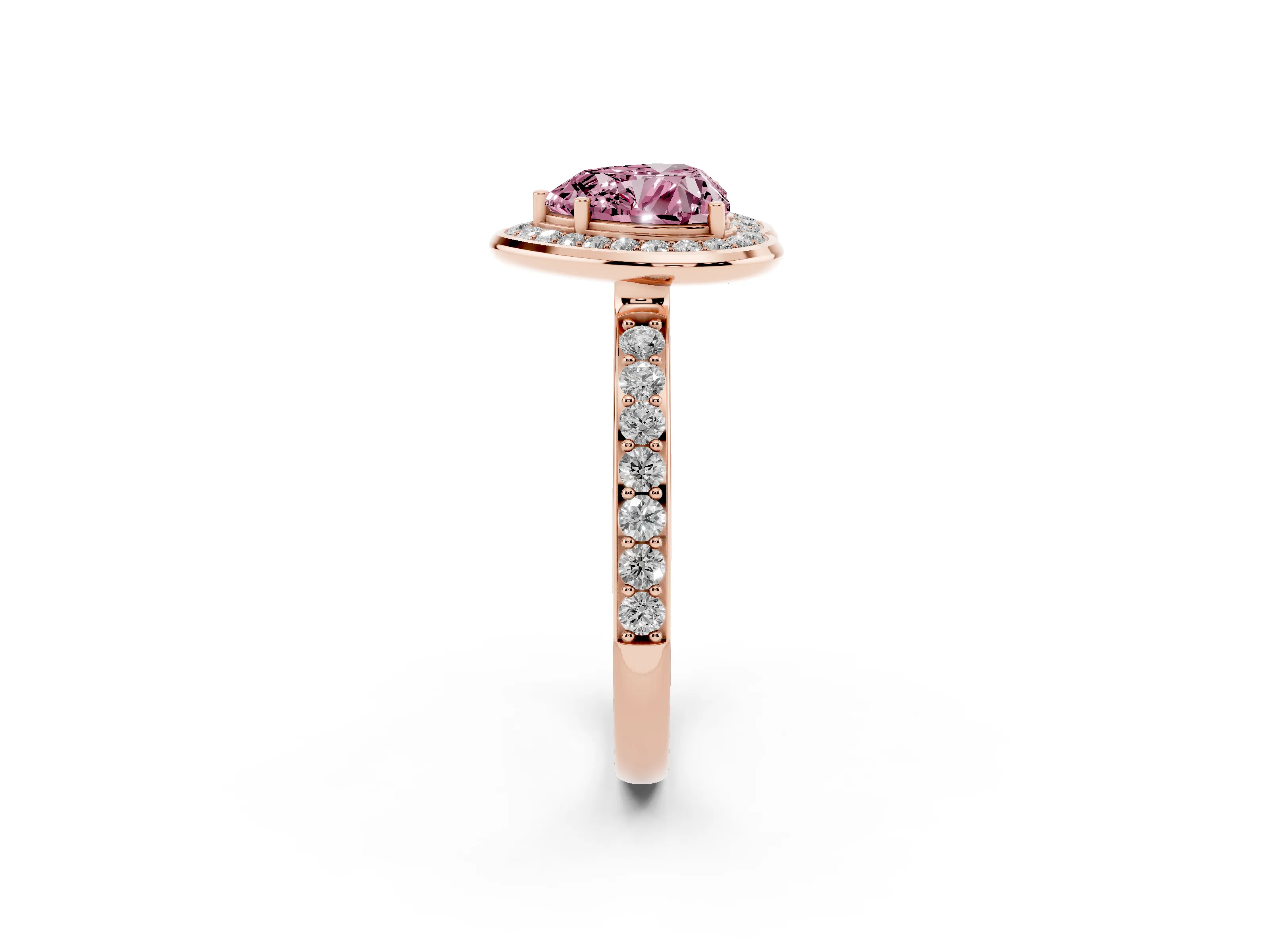 Fancy Pink Heart Cut Diamond Halo Ring Set in Rose gold with Bezel Frame and Pavé Band
