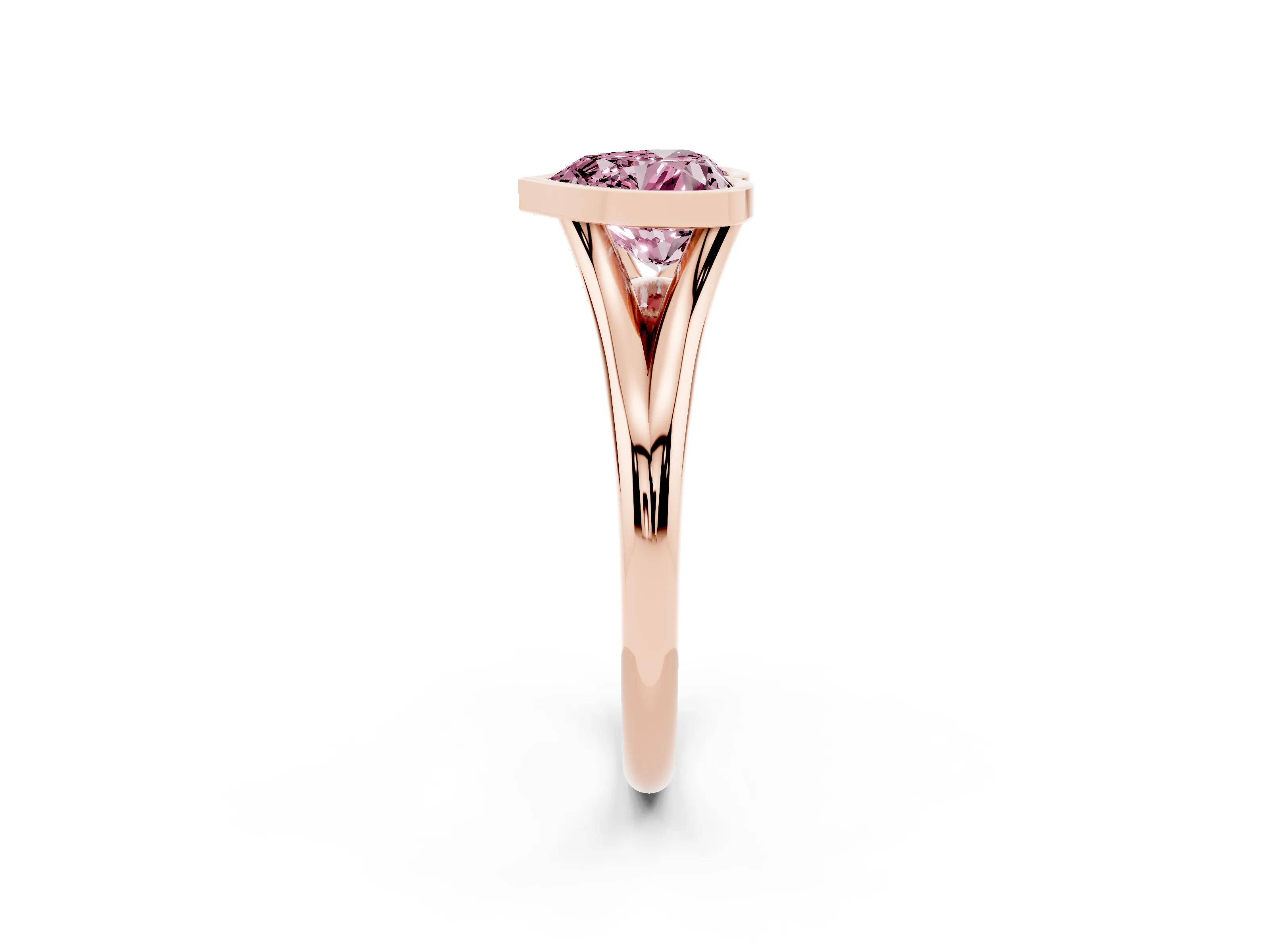 Fancy Pink Bezel Set Heart Cut Diamond Solitaire Ring Set in Rose gold with Tapered Band