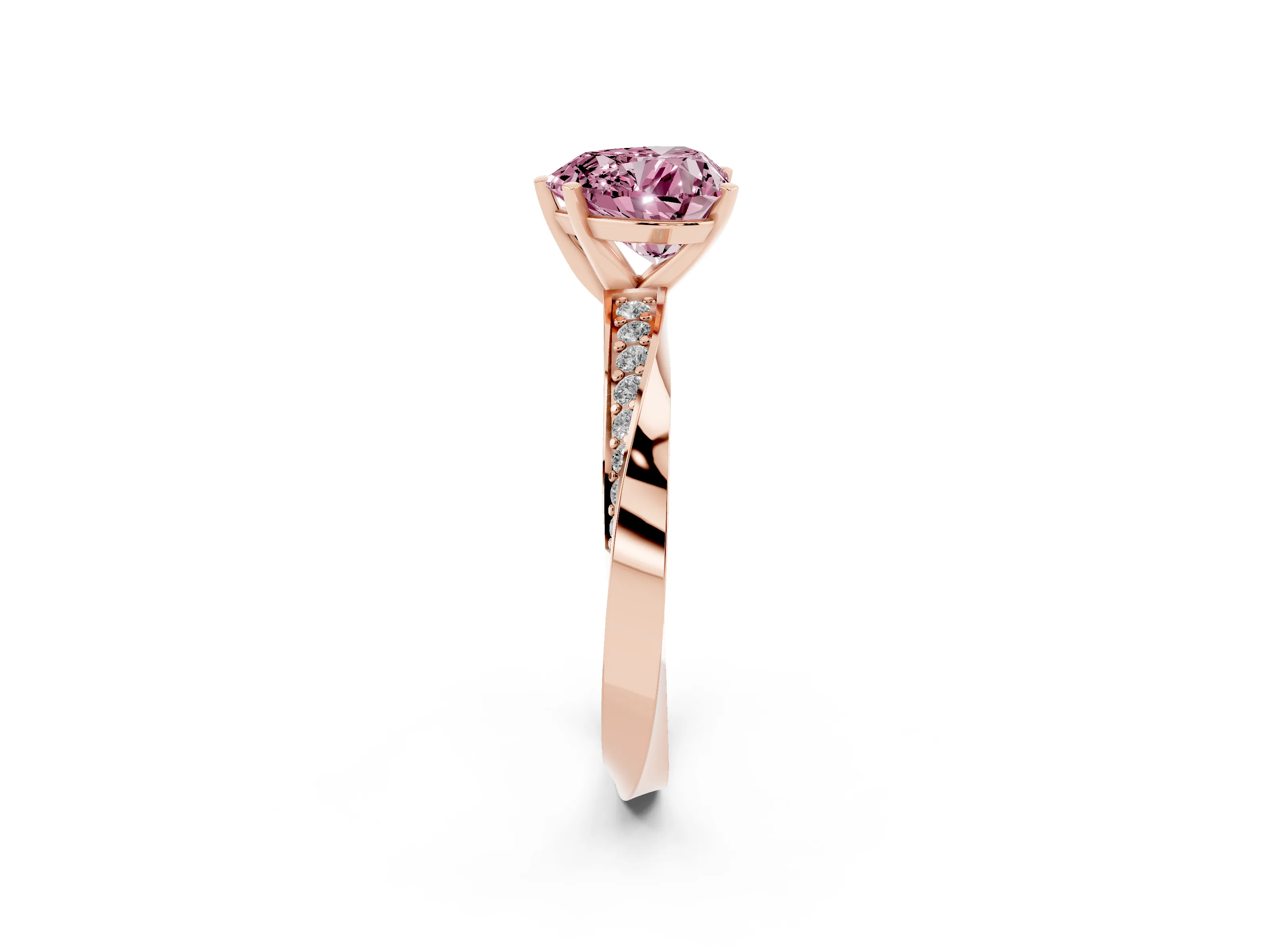 Fancy Pink Heart Cut Diamond Engagement Ring Set in Rose gold with Side Stone Accents and Prong Setting