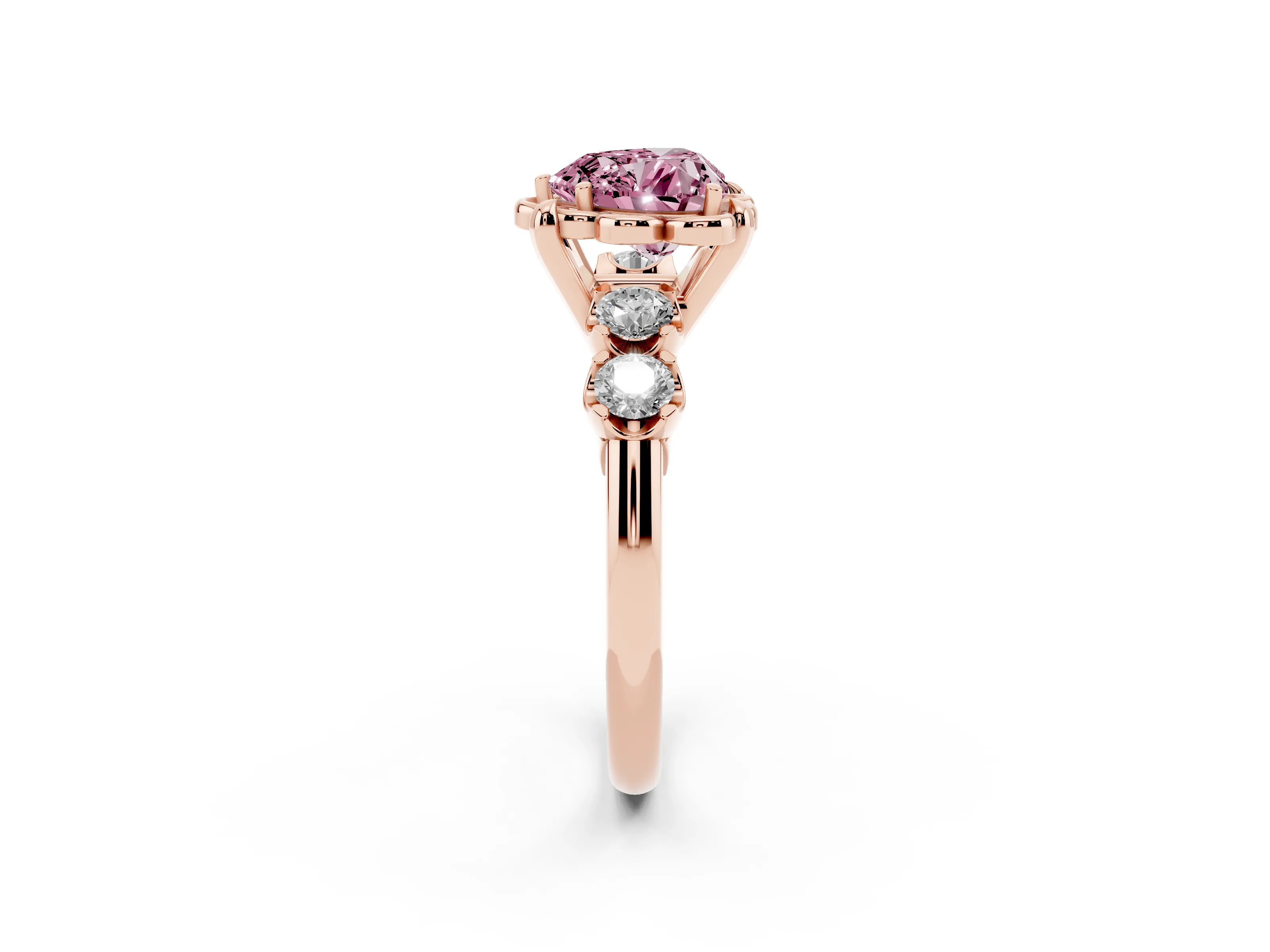 Fancy Pink Heart Cut Diamond Floral Halo Ring Set in Rose gold with Shared Prong Band