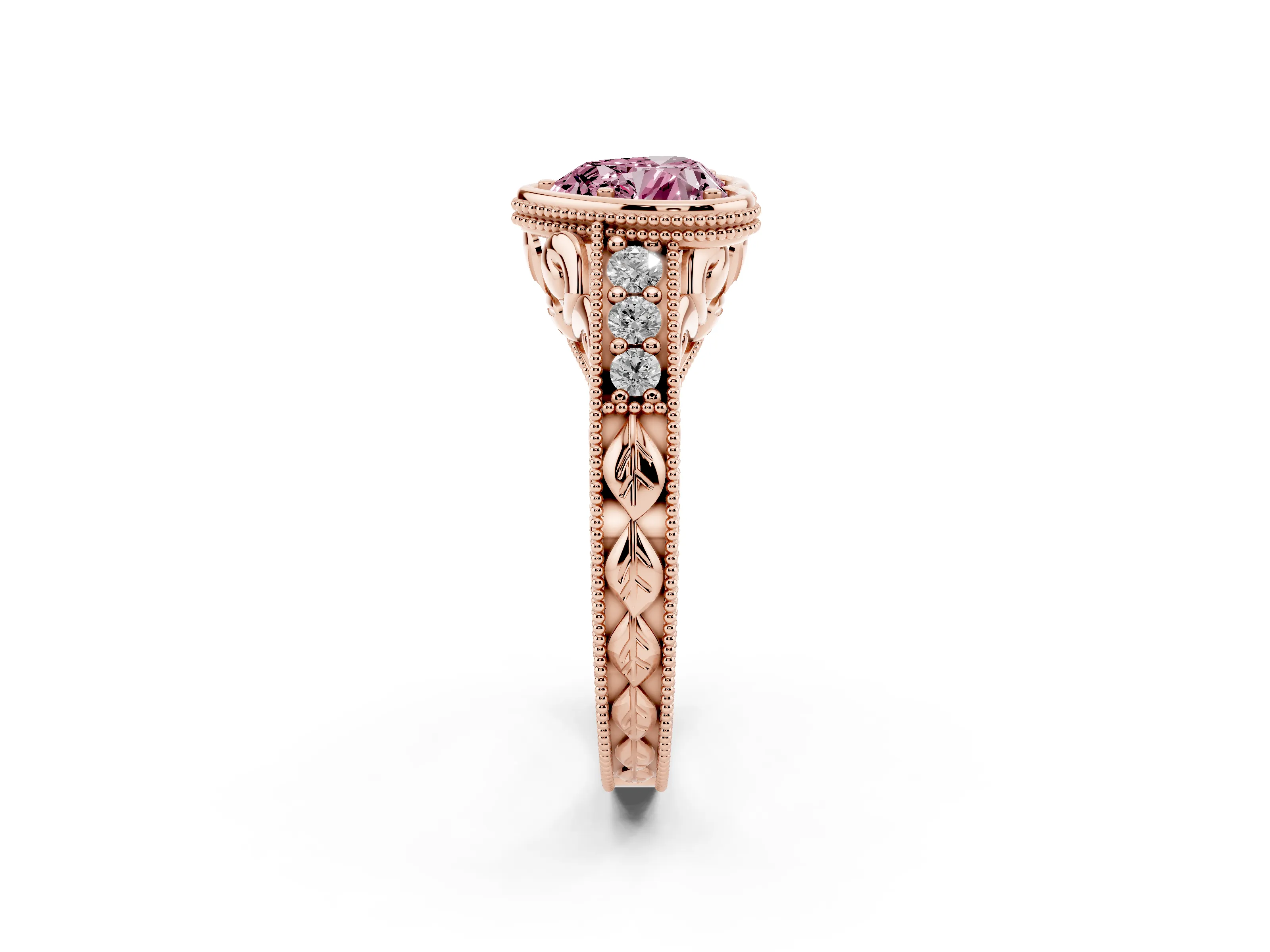 Fancy Pink Bezel Set Heart Cut Diamond Milgrain Pavé Engagement Ring Set in Rose gold