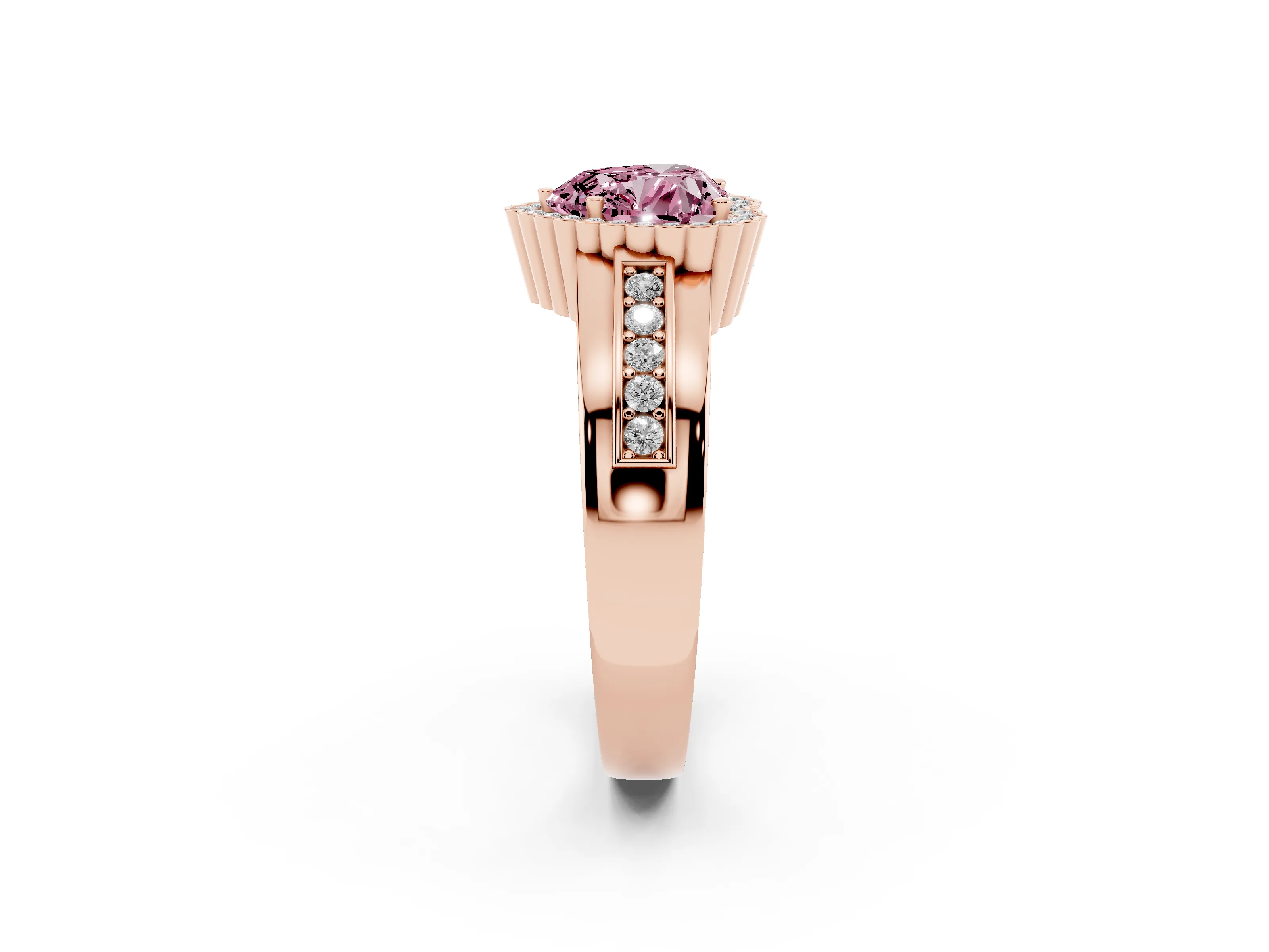Fancy Pink Heart Cut Diamond Halo Prong Ring Set in Rose gold with Pavé Band