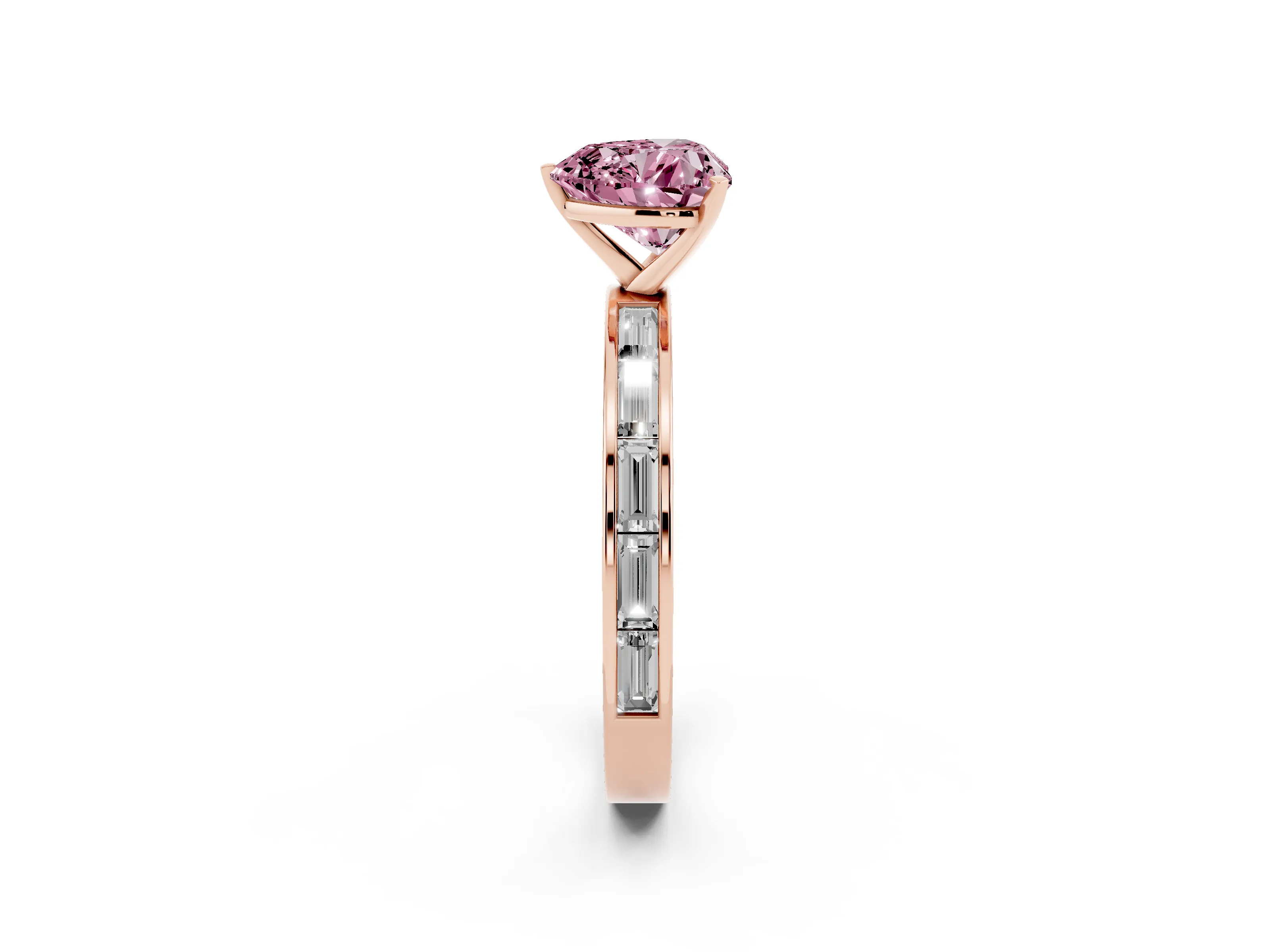 Fancy Pink Heart Cut Diamond Solitaire Ring Set in Rose gold with Channel-Set Baguette Band and Prong Setting