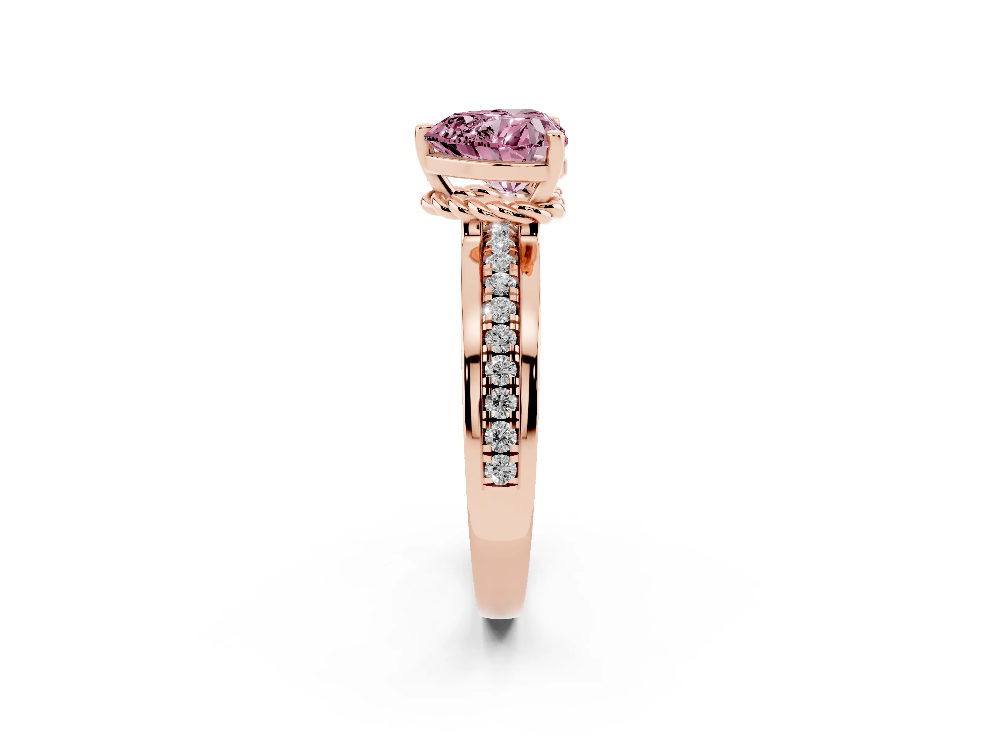 Fancy Pink Heart Cut Diamond Solitaire Ring Set in Rose gold with Channel Set Band and Prong Setting