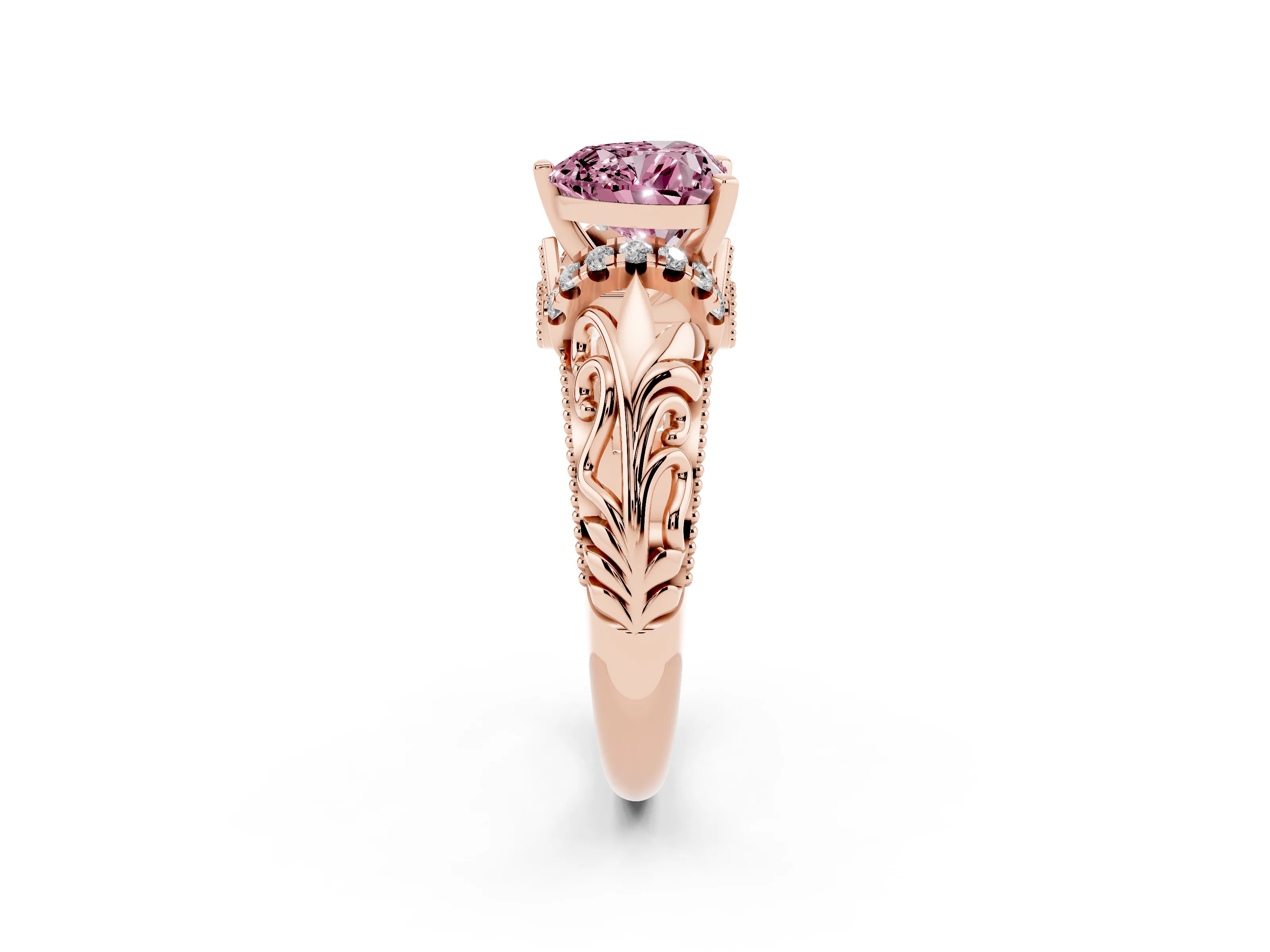 Fancy Pink Heart Cut Diamond Filigree Halo Engagement Ring Set in Rose gold with Prong Setting