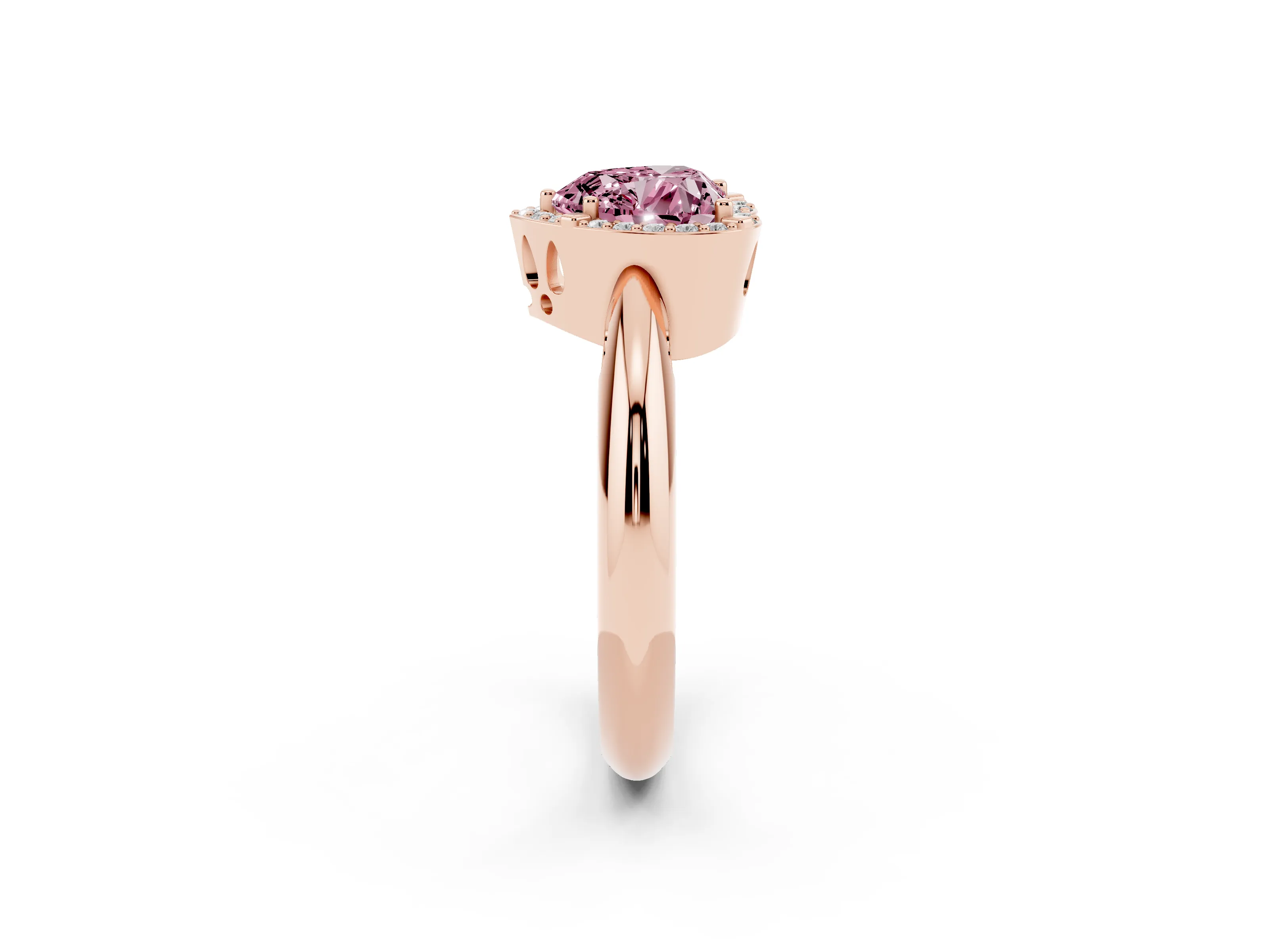 Fancy Pink Heart Cut Diamond Halo Engagement Ring Set in Rose gold with Plain Split Shank and Prong Setting