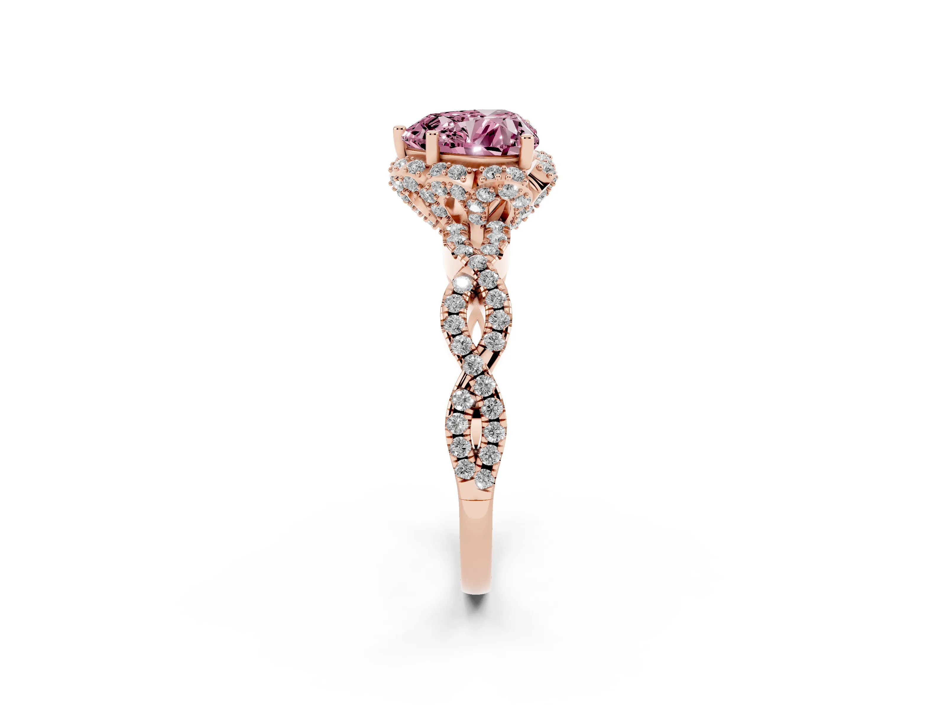 Fancy Pink Heart Cut Diamond Halo Twist Band Solitaire Ring Set in Rose gold with Prong-Set Center Stone