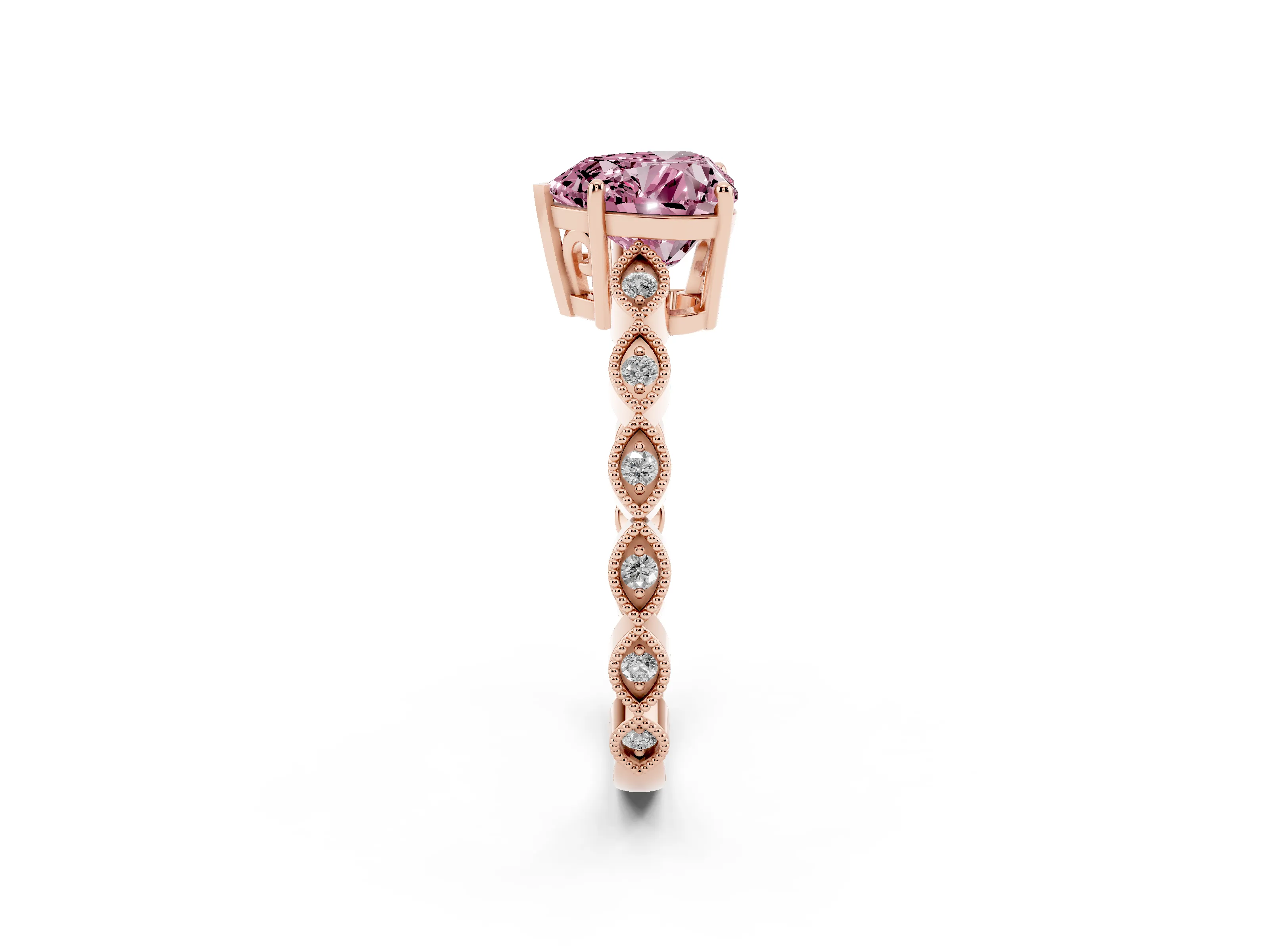 Fancy Pink Heart Cut Diamond Solitaire Ring Set in Rose gold with Infinity Twist Pavé Band