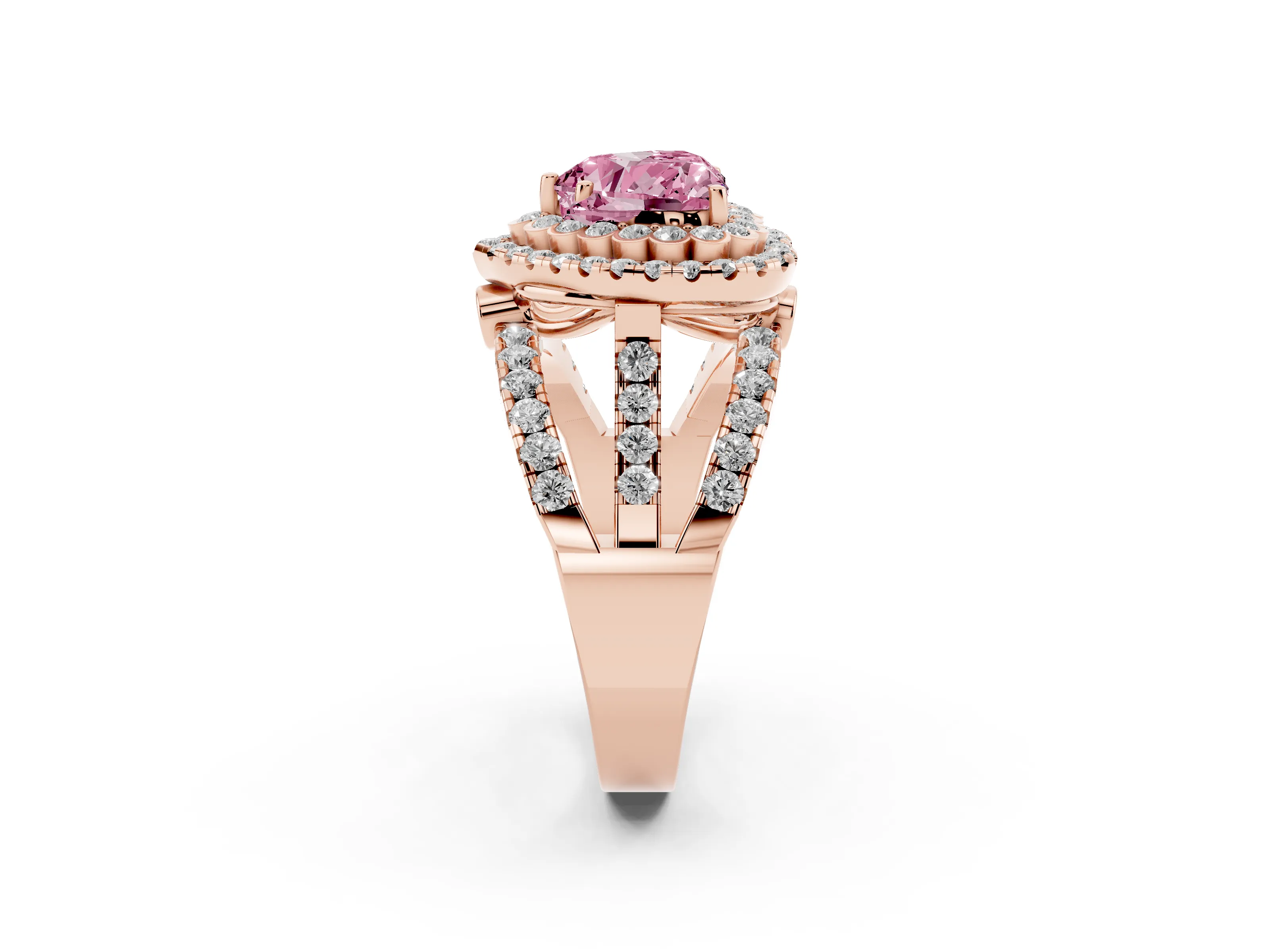 Fancy Pink Heart Cut Diamond Double Halo Ring Set in Rose gold with Round Pavé Split Shank