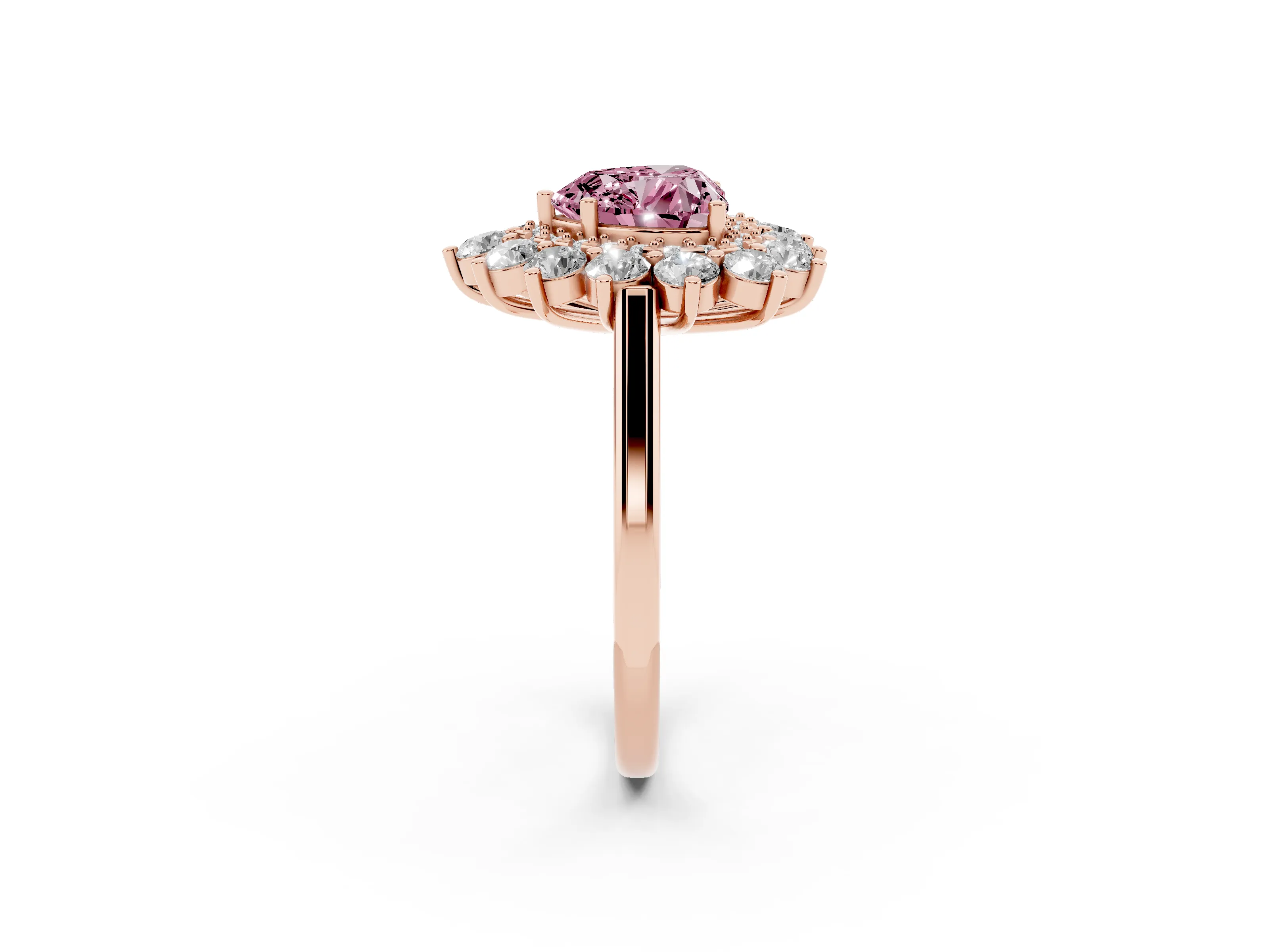 Fancy Pink Heart Cut Diamond Floral Double Halo Ring Set in Rose gold with Round Petals