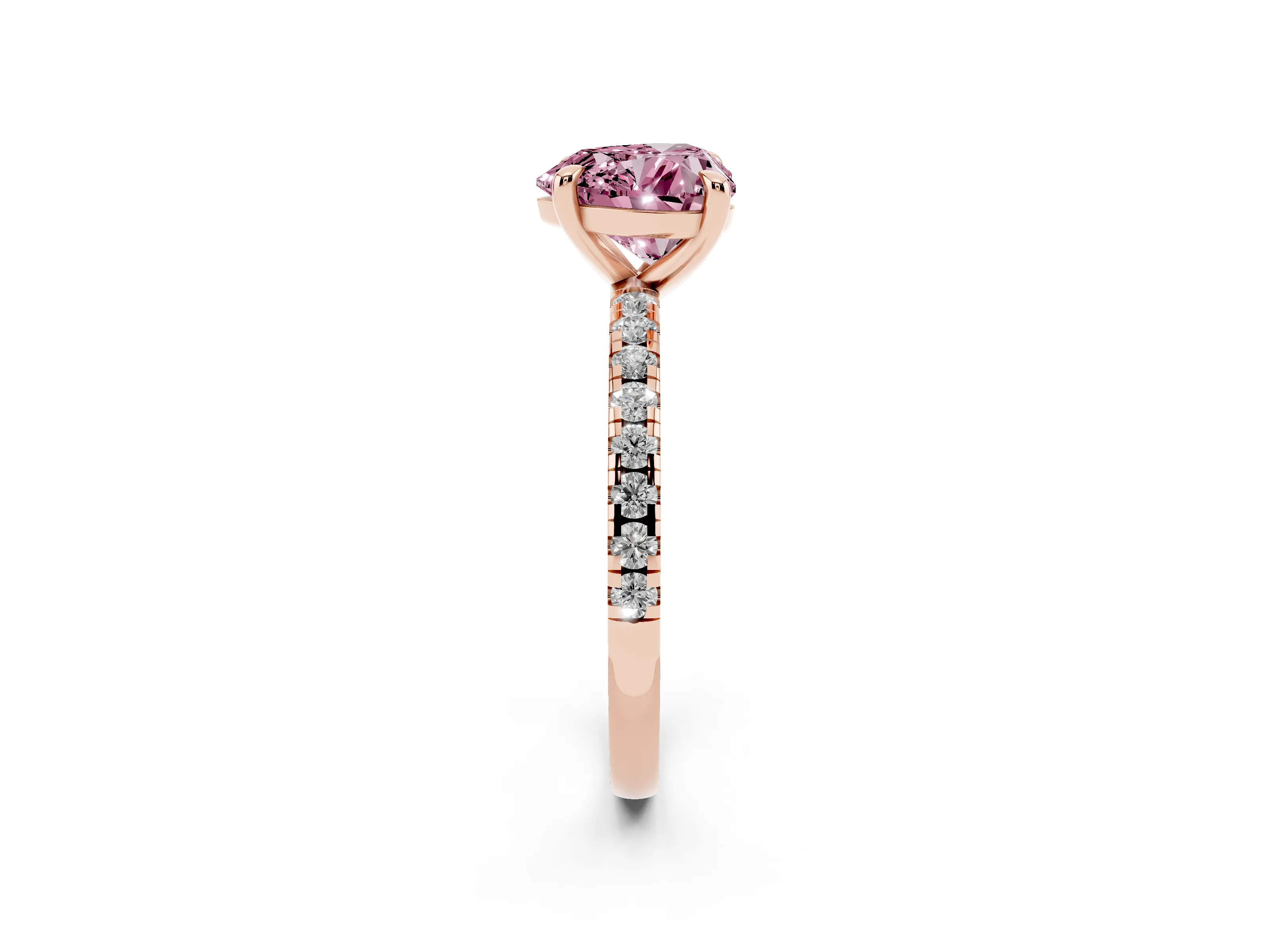 Fancy Pink Heart Cut Diamond Brilliant Solitaire Ring Set in Rose gold with Pavé Band and Prong Setting