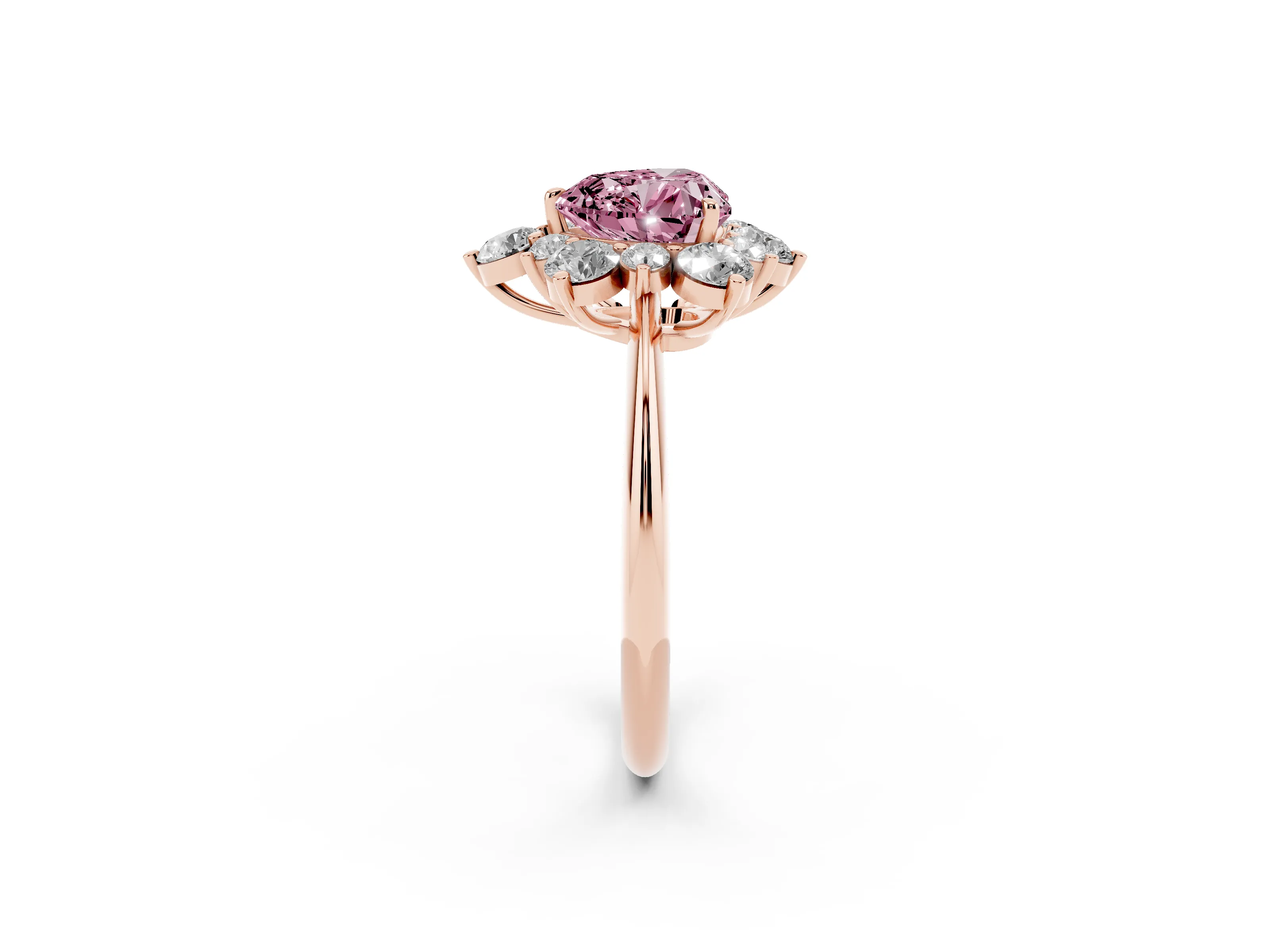 Fancy Pink Heart Cut Diamond Cluster Halo Ring Set in Rose gold with Solitaire Band and Prong Setting