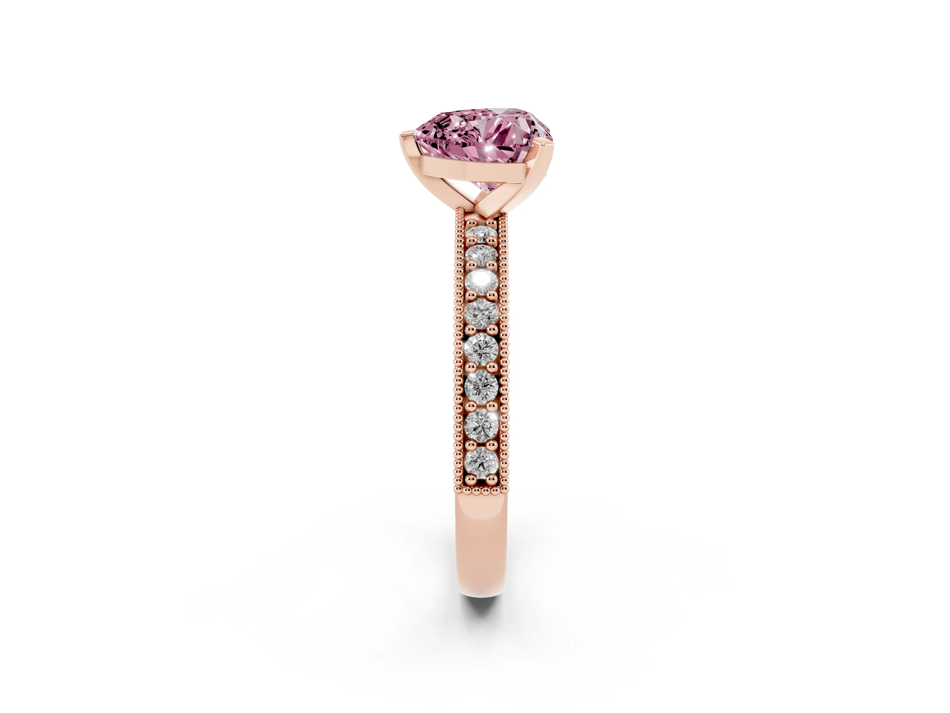 Fancy Pink Heart Cut Diamond Milgrain Pavé Engagement Ring Set in Rose gold with Prong Setting