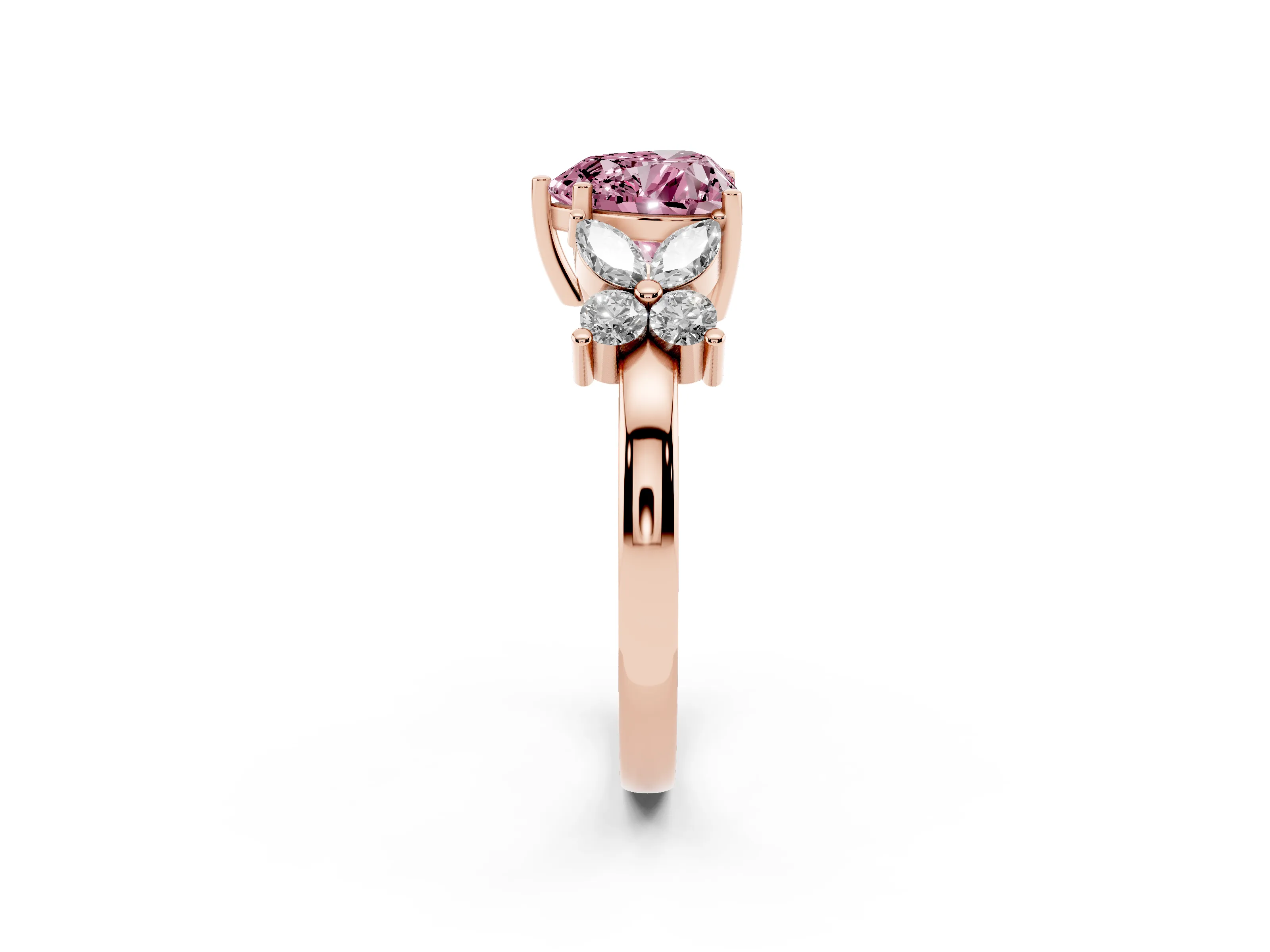 Fancy Pink Heart Cut Diamond Floral Cluster Ring Set in Rose gold with Marquise Petals and Prong Setting