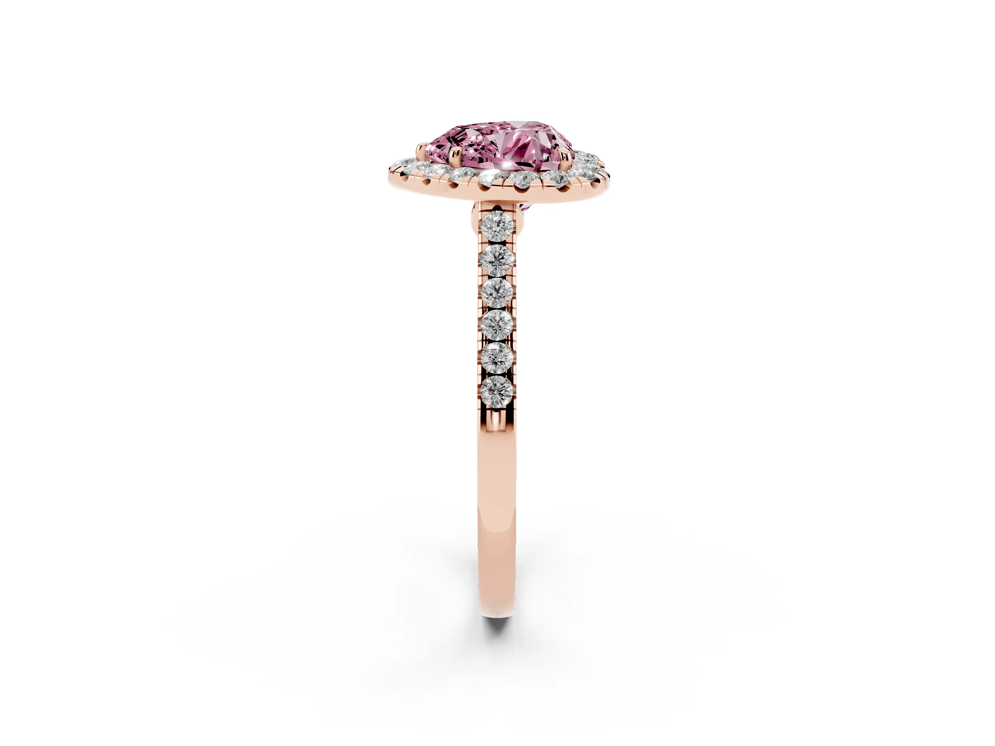 Fancy Pink Heart Cut Diamond Halo Pavé Engagement Ring Set in Rose gold with Prong Setting