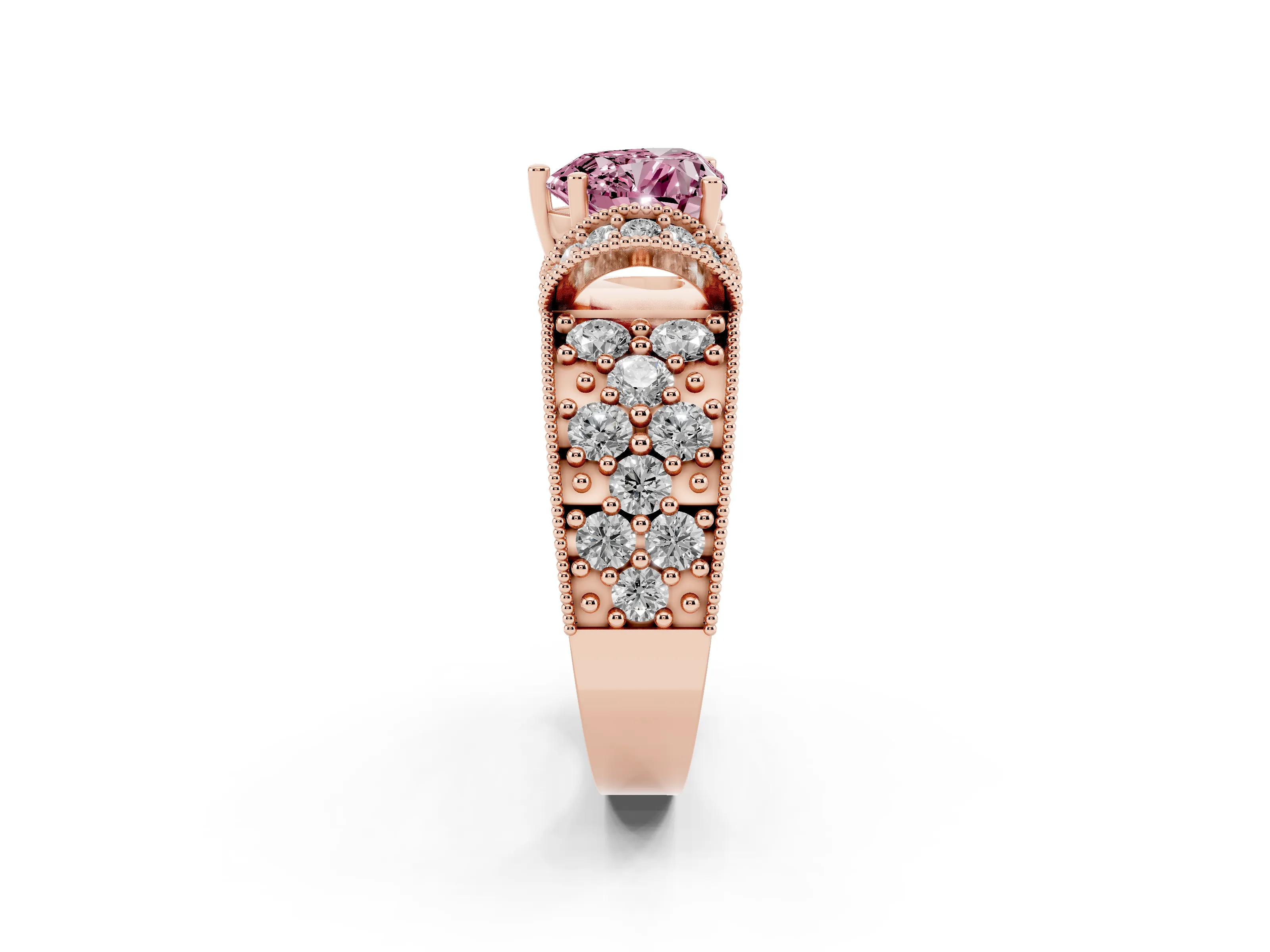 Fancy Pink Heart Cut Diamond Milgrain Halo Pavé Engagement Ring Set in Rose gold with Prong Setting