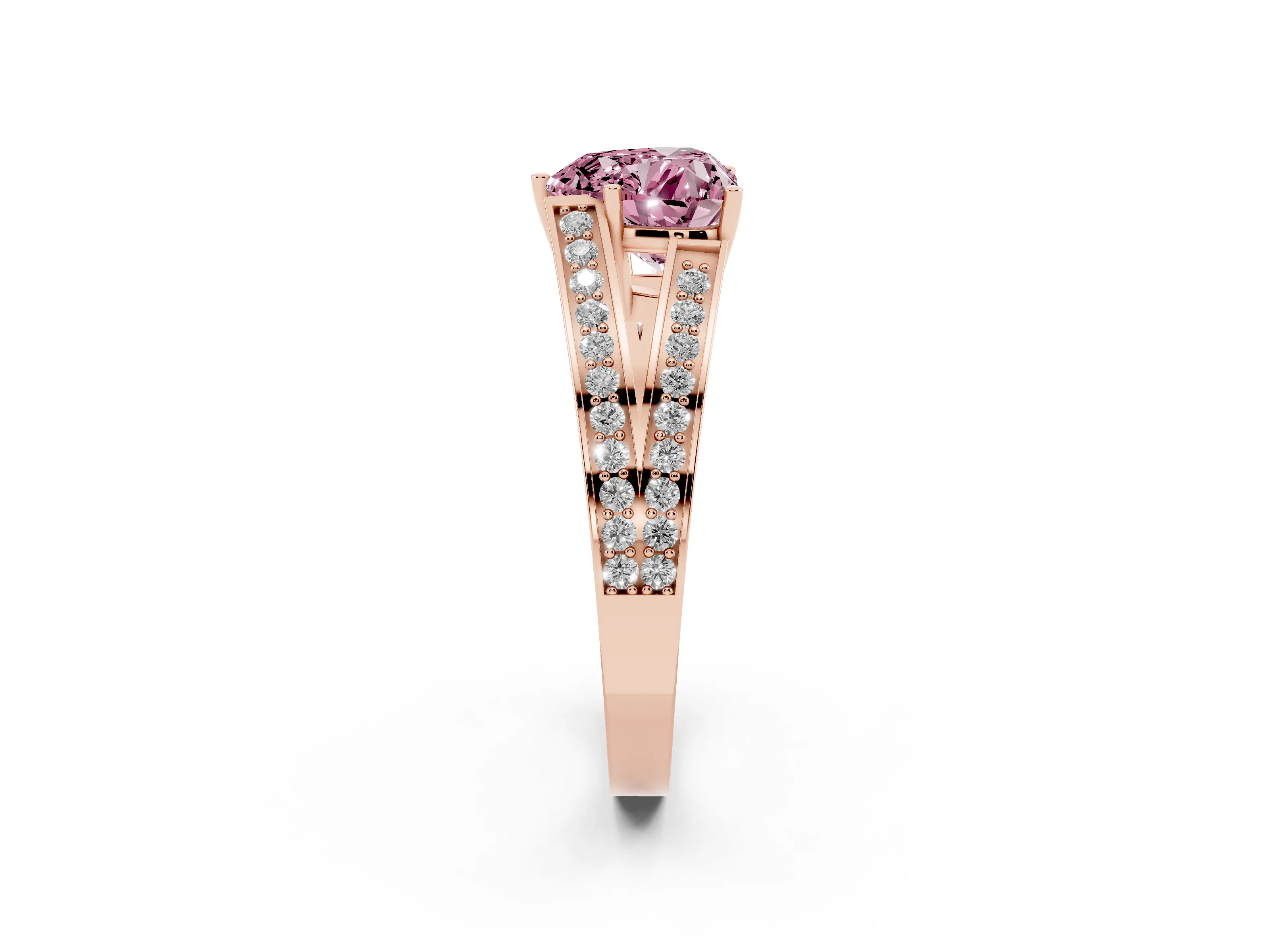 Fancy Pink Heart Cut Diamond Split Shank Ring Set in Rose gold with Pavé Band and Prong Setting