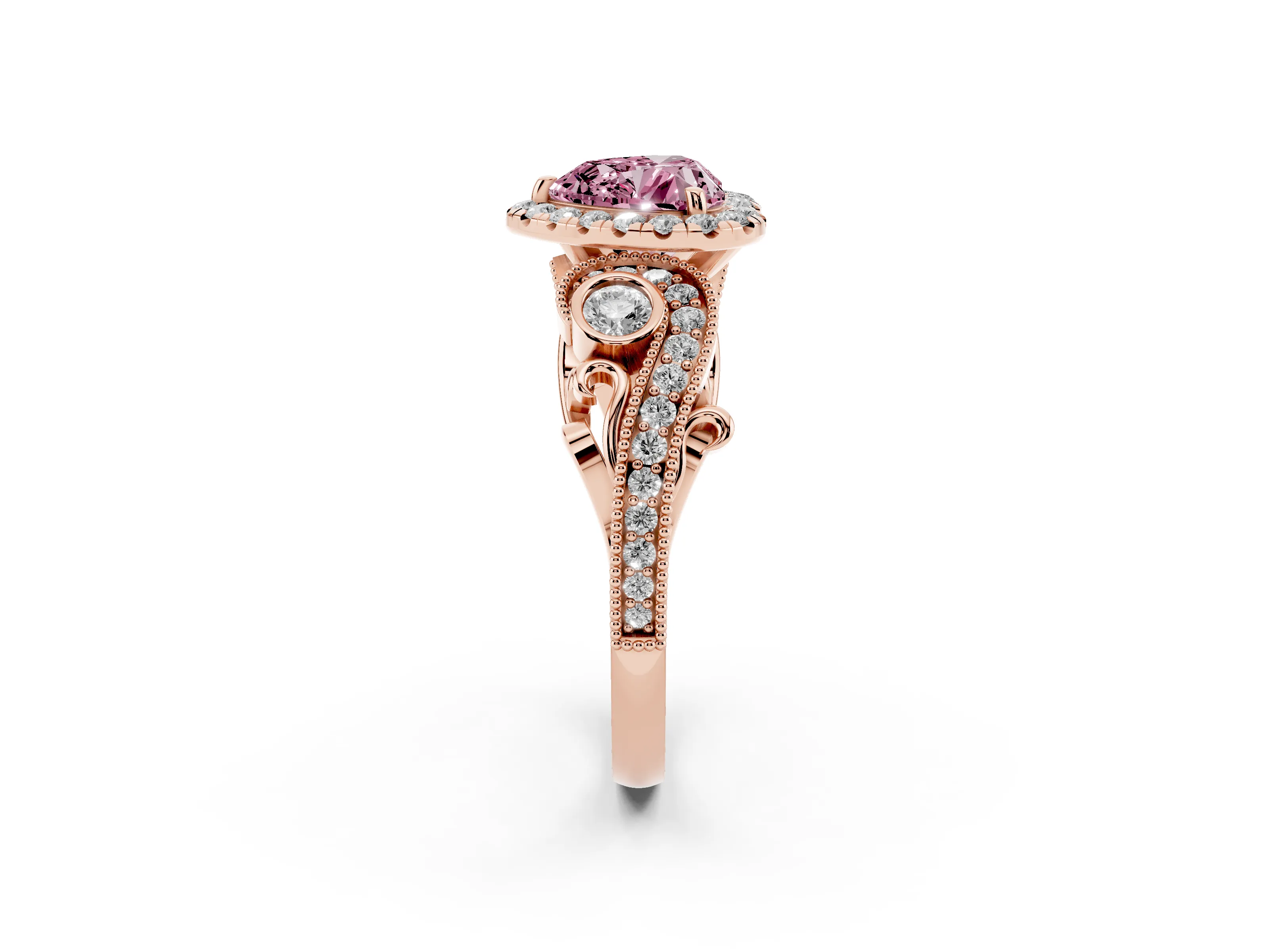 Fancy Pink Heart Cut Diamond Halo Ring Set in Rose gold with Milgrain Pavé Band and Prong Setting