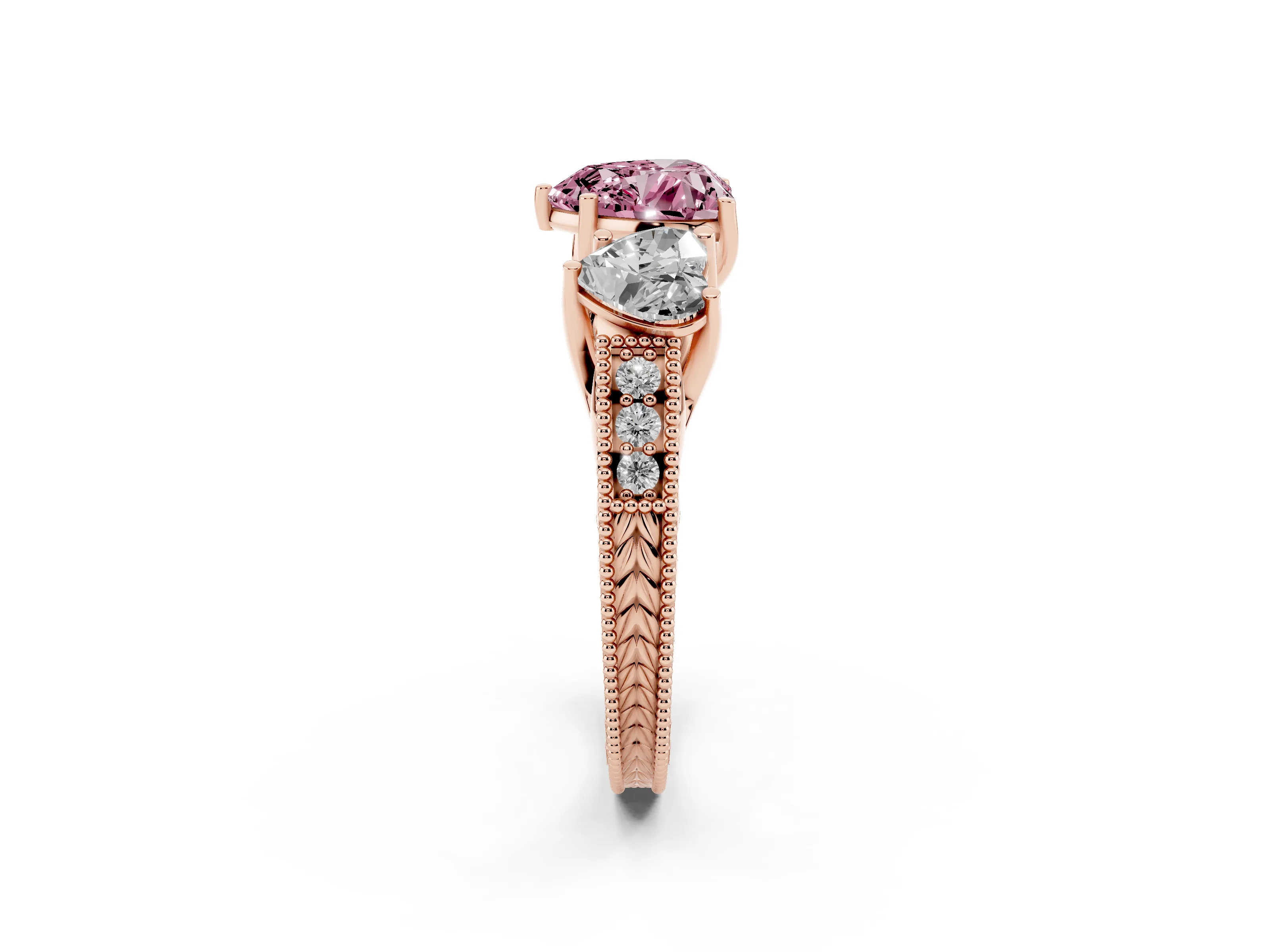 Fancy Pink Heart Cut Diamond Three-Stone Engagement Ring Set in Rose gold with Milgrain Pavé Band
